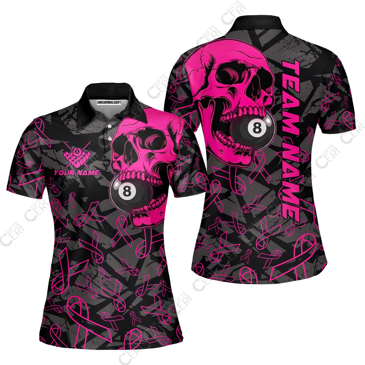 Customized 8 Ball Pool Women Polo Shirt, Billiard Pink Skull, Personalized Billiards Jersey
