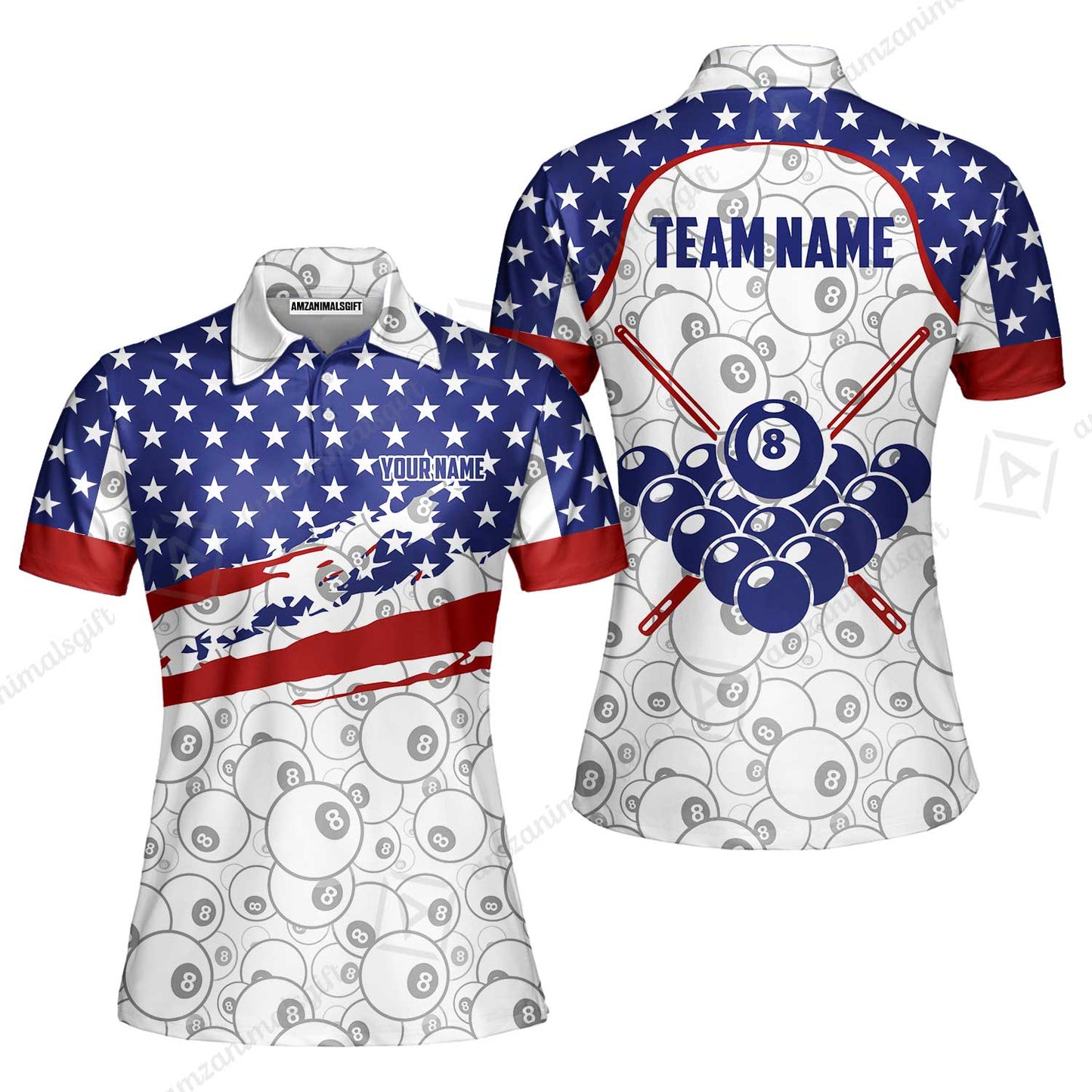 Customized 8 Ball Pool Women Polo Shirt, American Star Flag Billiard 8-Ball, Personalized Billiards Jersey