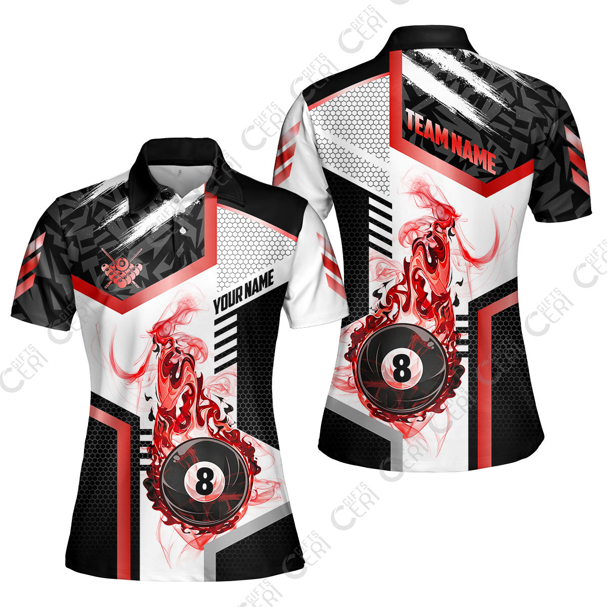 Customized Billiards Women Polo Shirt, Flaming 8-Ball Graphic, 8 Ball Pool Jersey
