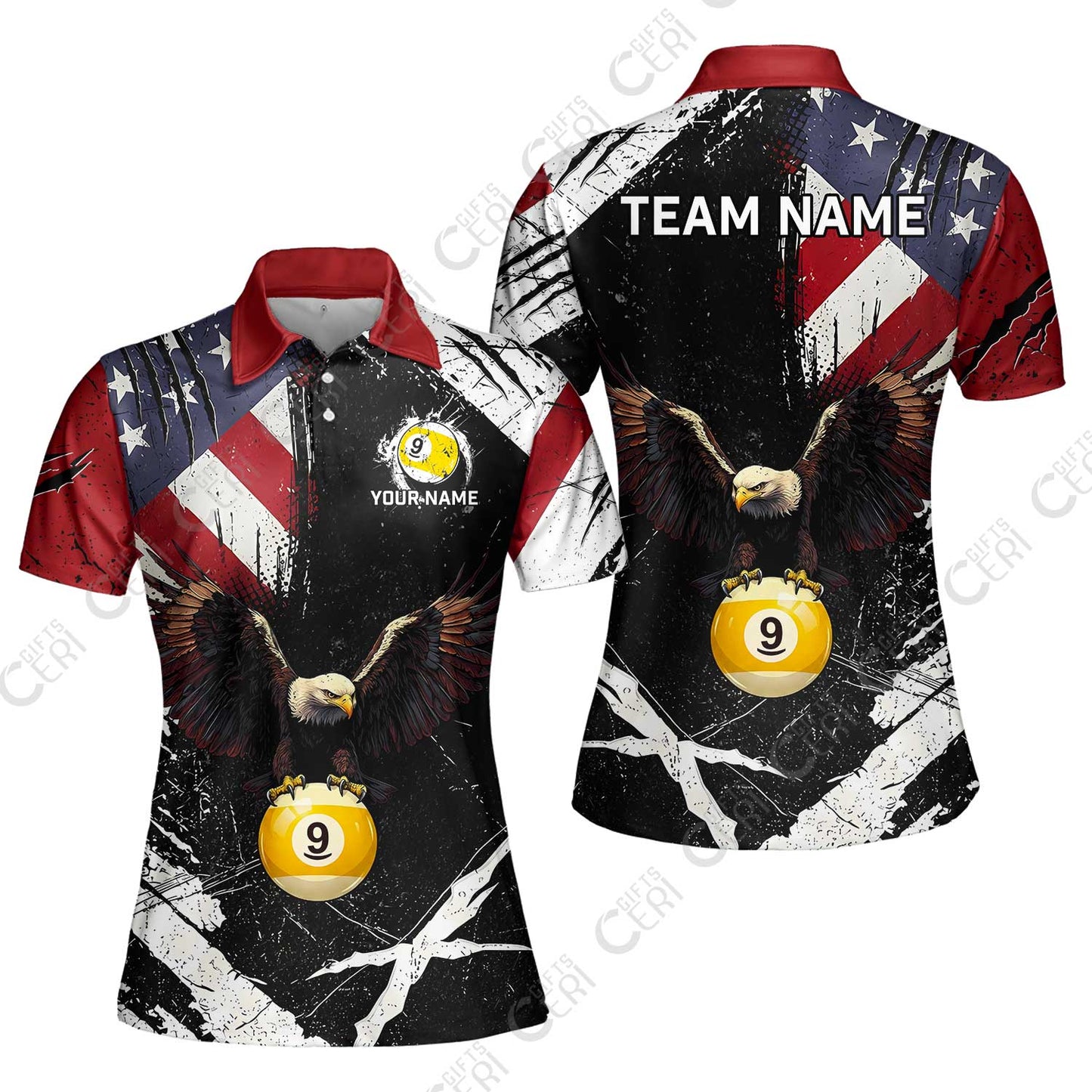 Customized 9 Ball Pool Women Polo Shirt, Eagle Billiard American Flag 9-ball, Personalized Billiards Jersey