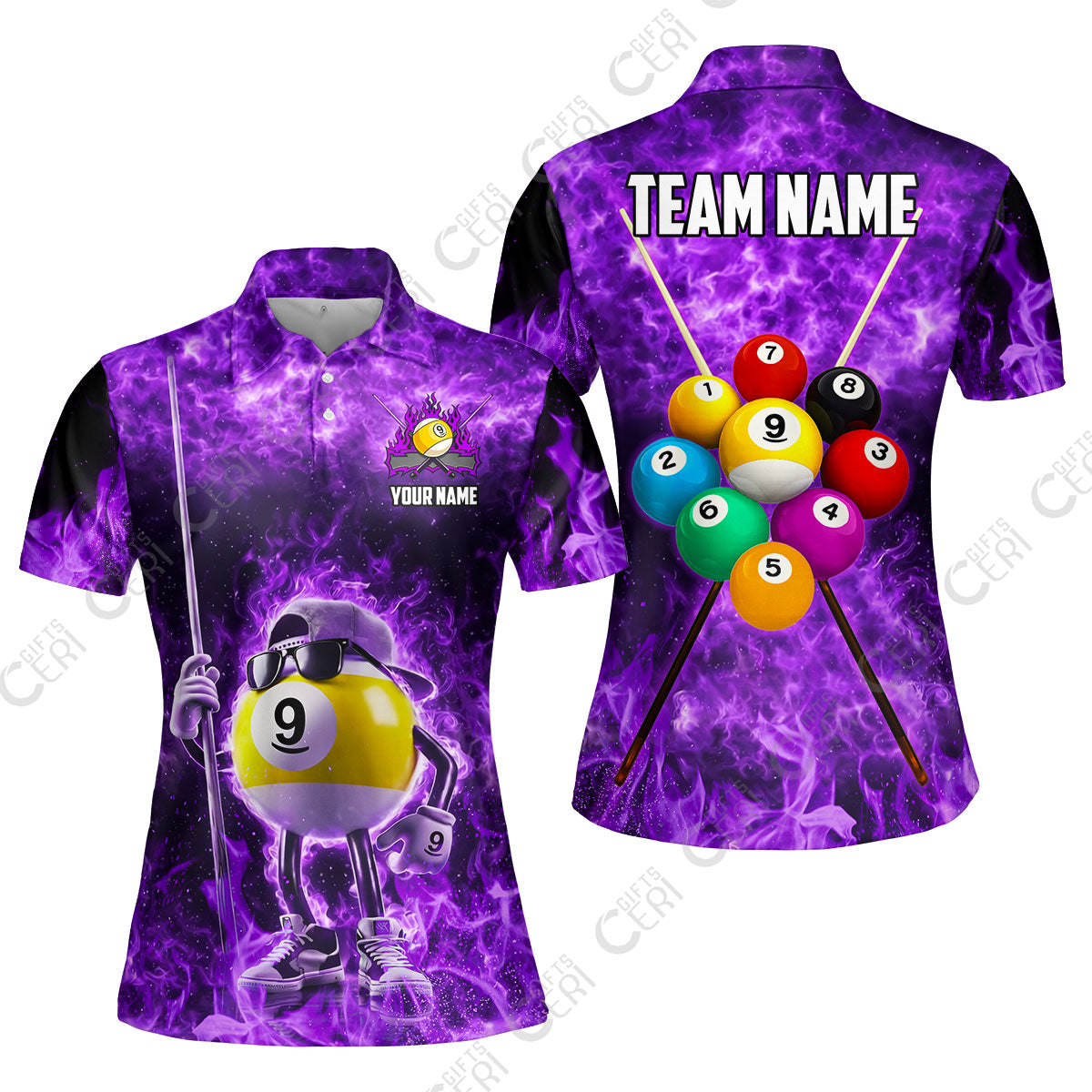 Customized 9 Ball Pool Women Polo Shirt, 9-Ball Wearing Cap And Sunglasses Flaming Burn, Billiard Jerseys