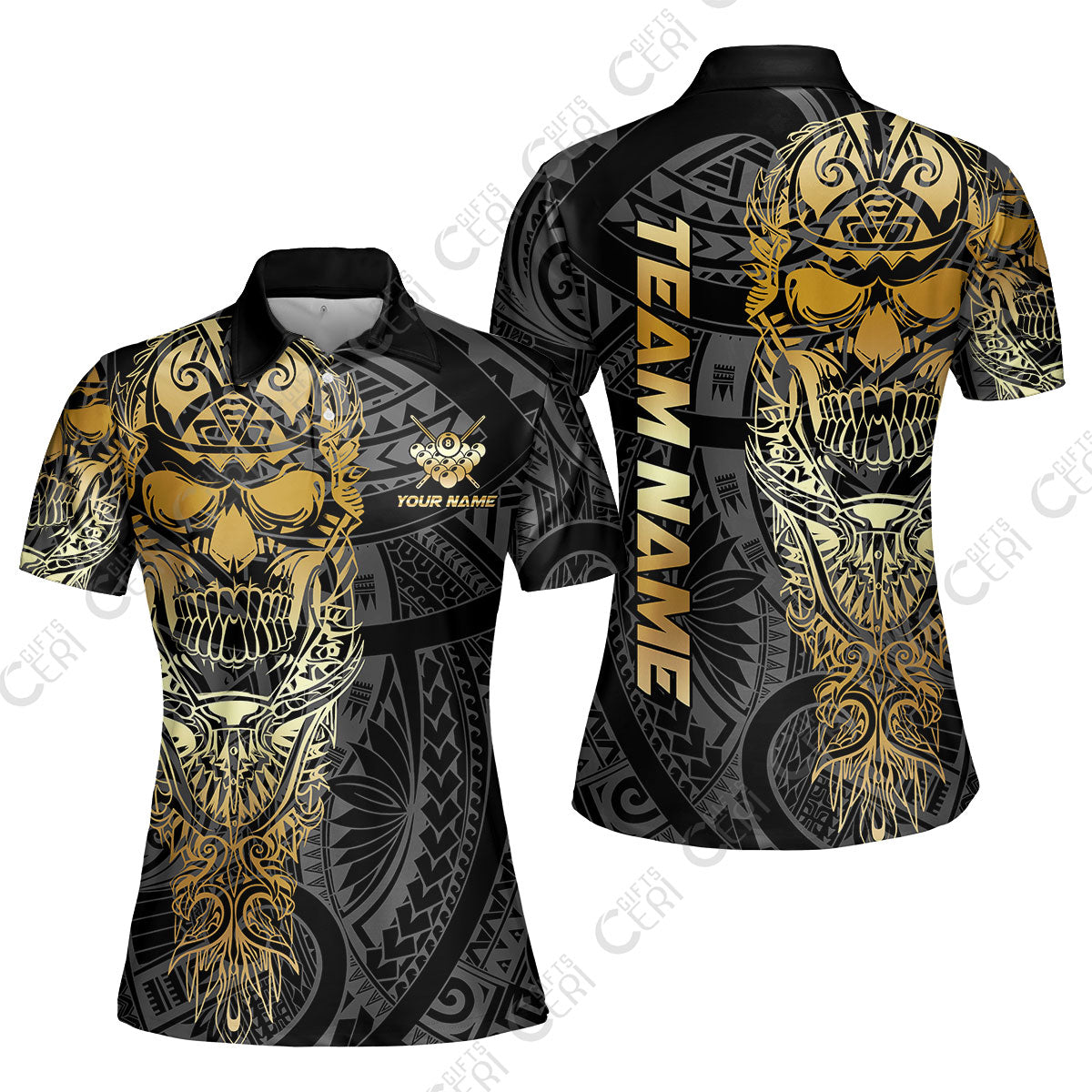 Customized 8 Ball Pool Women Polo Shirt, 8-Ball Billiard Ethnic Tribal Style Pattern, Billiards Jerseys