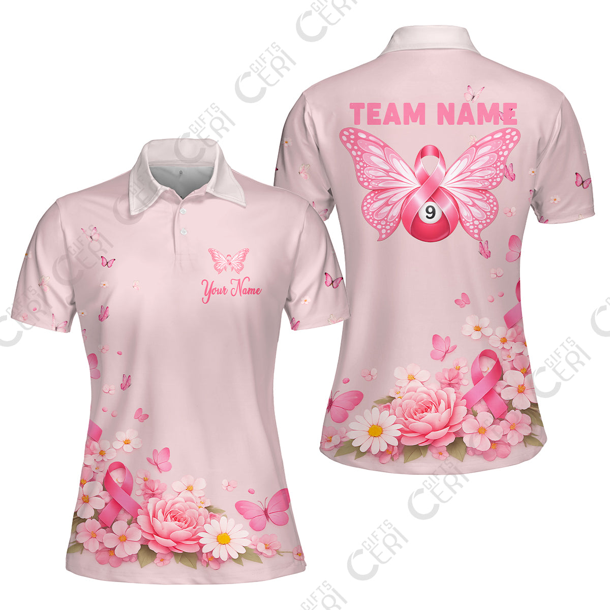 Customized 9 Ball Pool Women Polo Shirt, Floral Butterfly Billiards 9-Ball, Personalized Billiards Jersey
