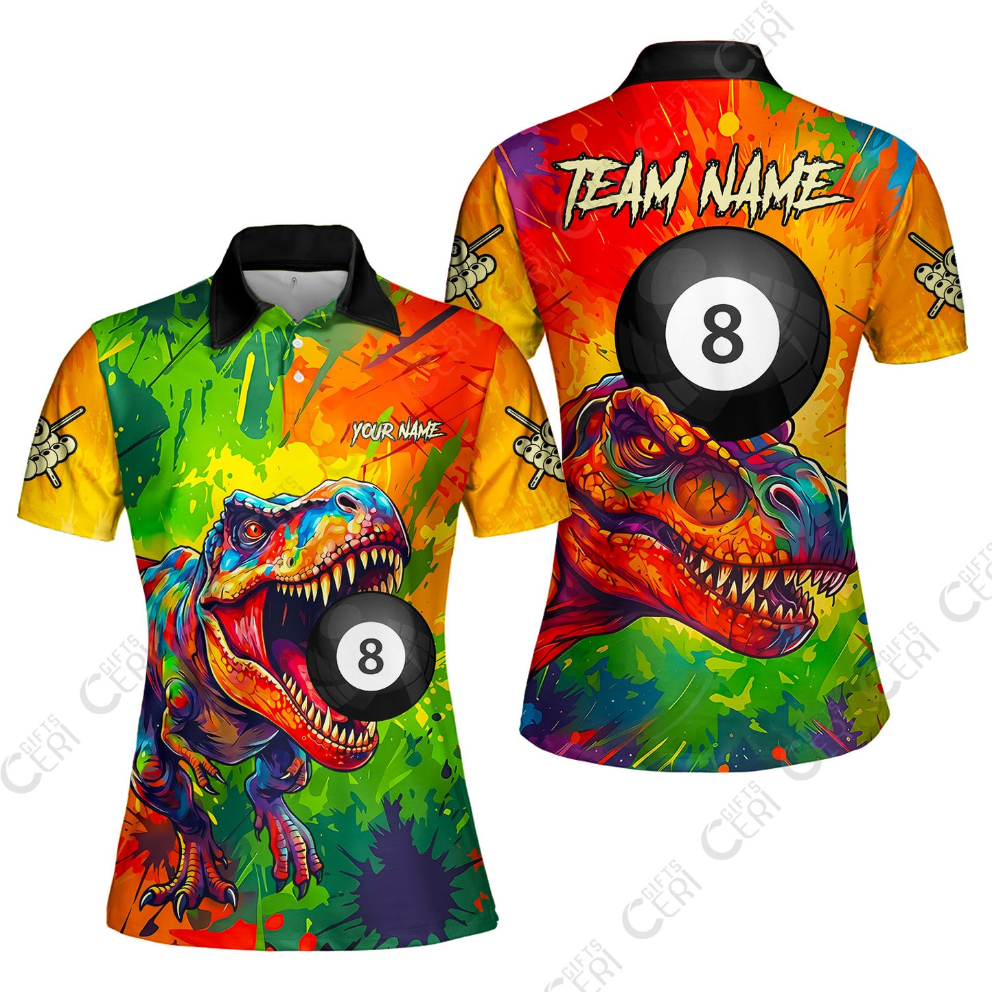 Customized 8 Ball Pool Women Polo Shirt, Dinosaur Colorful Splash Paint Billiard 8-Ball, Personalized Billiards Jersey