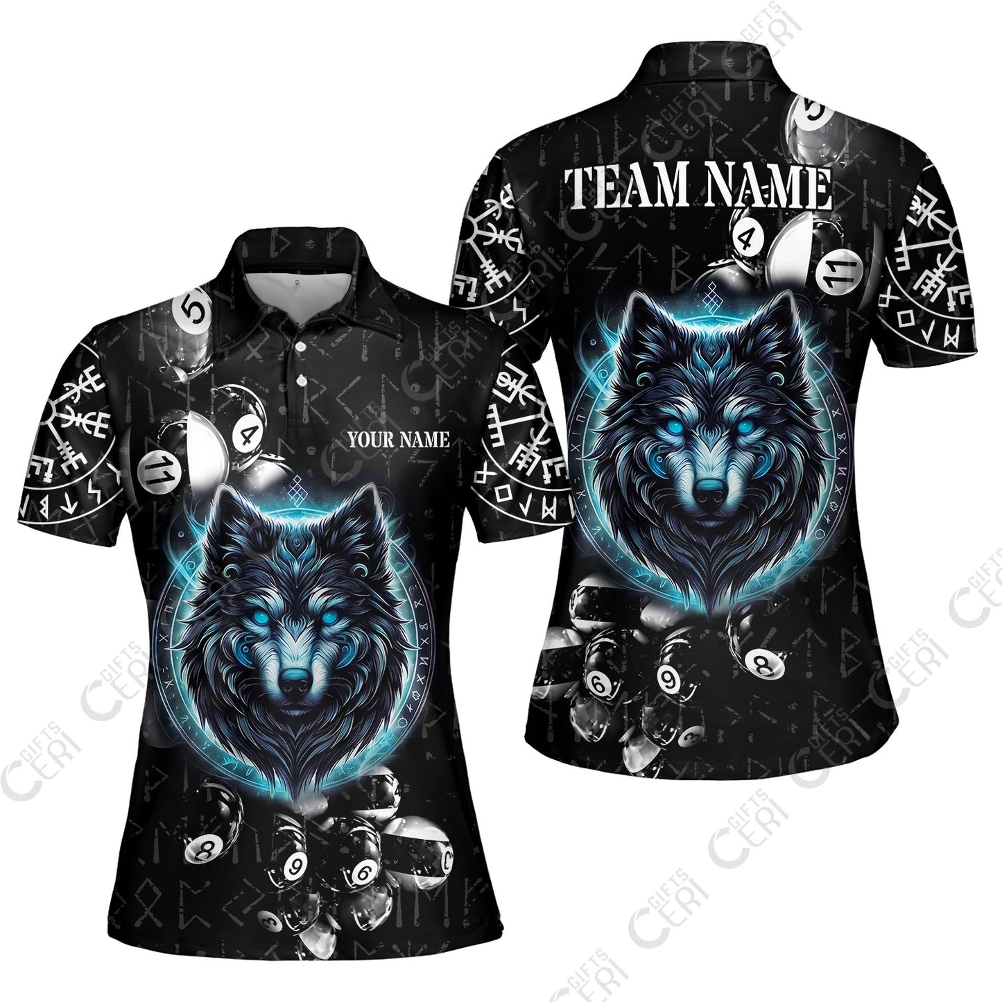 Customized Billiards Women Polo Shirt, Wolf Runic Viking Black Grunge Alphabet, Billiards Jerseys