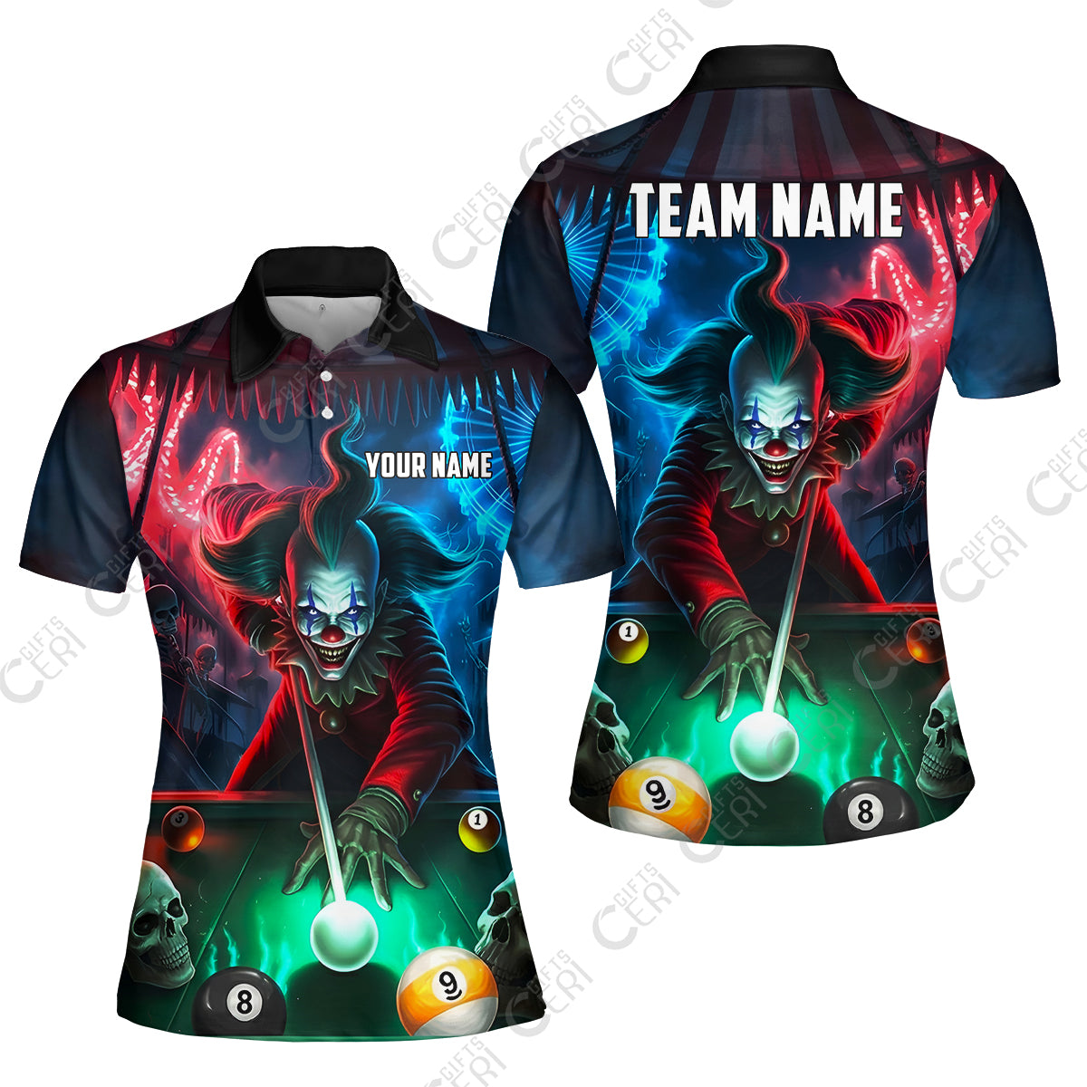 Customized Billiards Women Polo Shirt, 8 & 9 Ball Pool Nightmare Billiards Clown Jersey, Billiards Jerseys