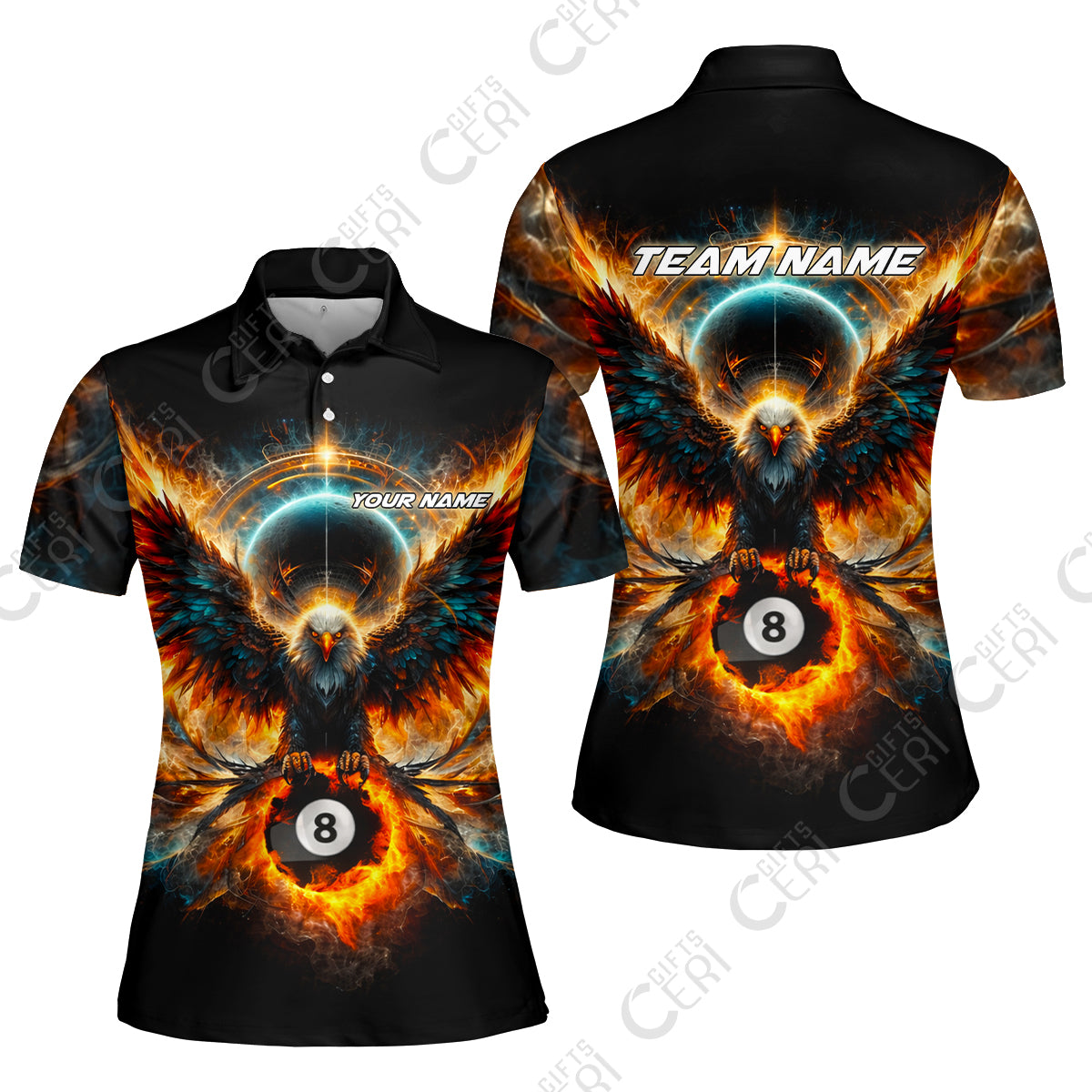 Customized 8 Ball Pool Women Polo Shirt, Billiard Phantom 8-Ball Flame Eagle, Billiards Jerseys