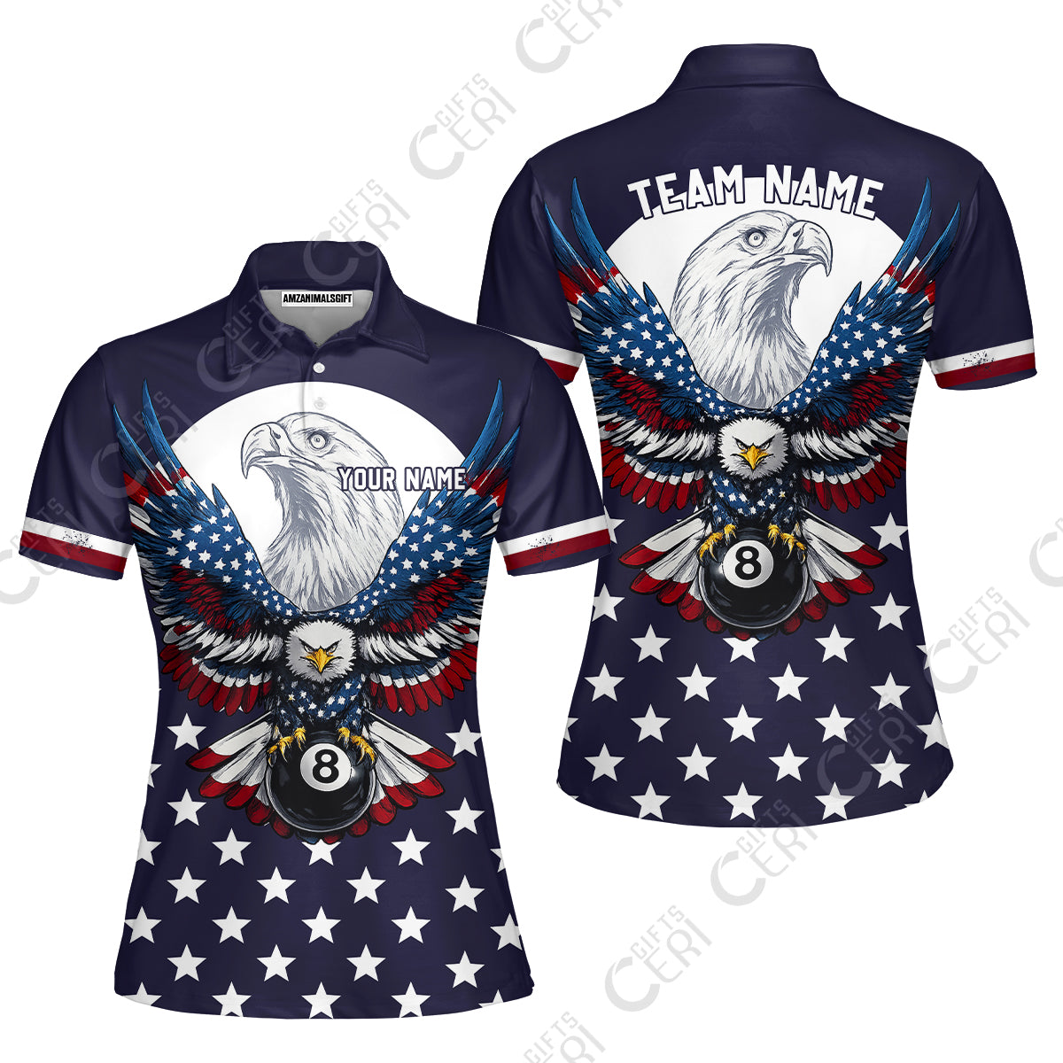 Customized 8 Ball Pool Women Polo Shirt, American Eagle Billiards 8-Ball, Personalized Billiards Jersey