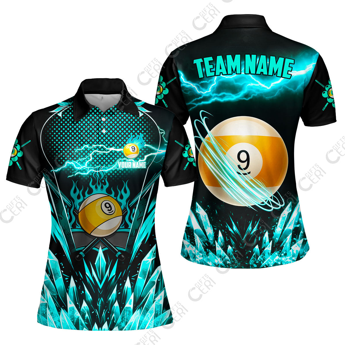 Customized 9 Ball Pool Women Polo Shirt, Electric Lightning Crystal, Billiards Jerseys