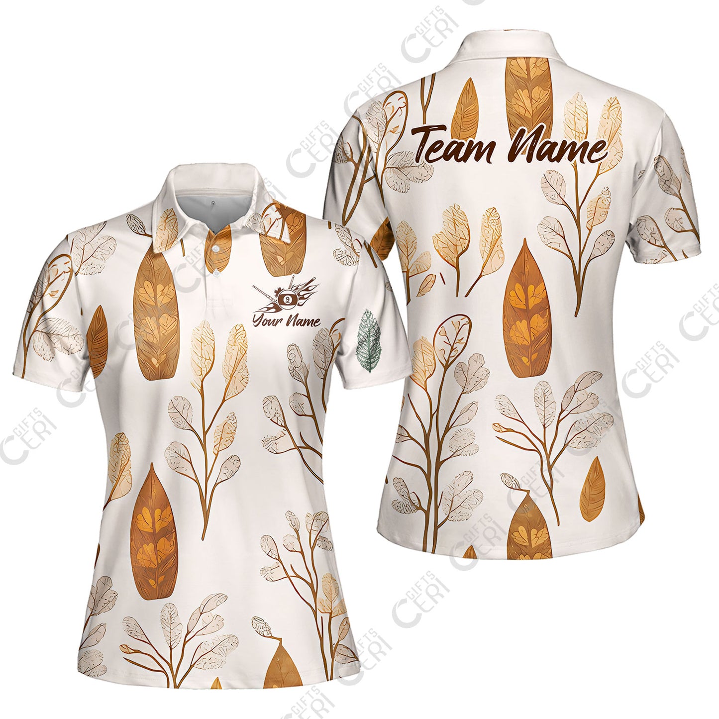 Customized 9 Ball Pool Women Polo Shirt, Leaves Pattern Billiard 9-ball, Personalized Billiards Jersey