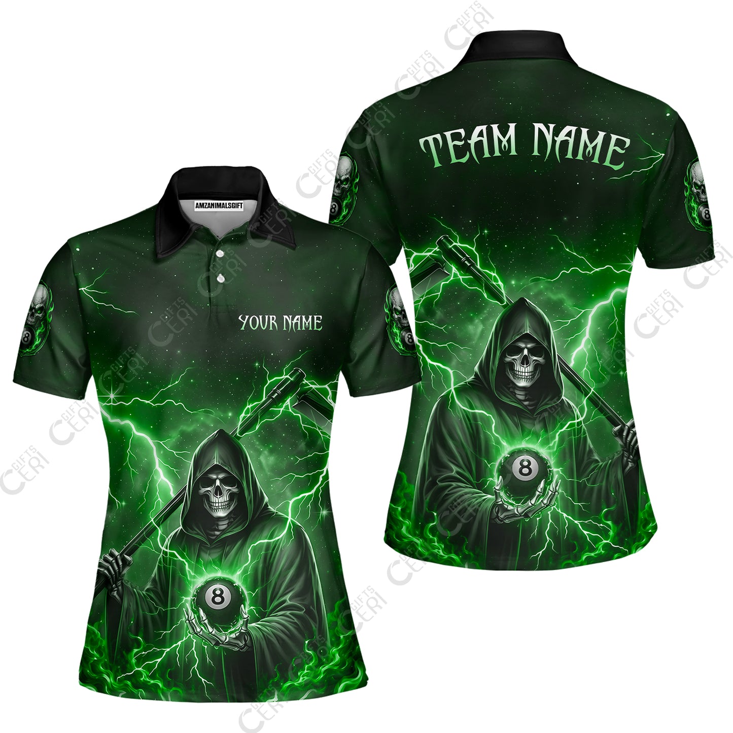 Customized 8 Ball Pool Women Polo Shirt, Lightning And Flame Grim Reaper With 8 Ball, Personalized Billiards Jersey