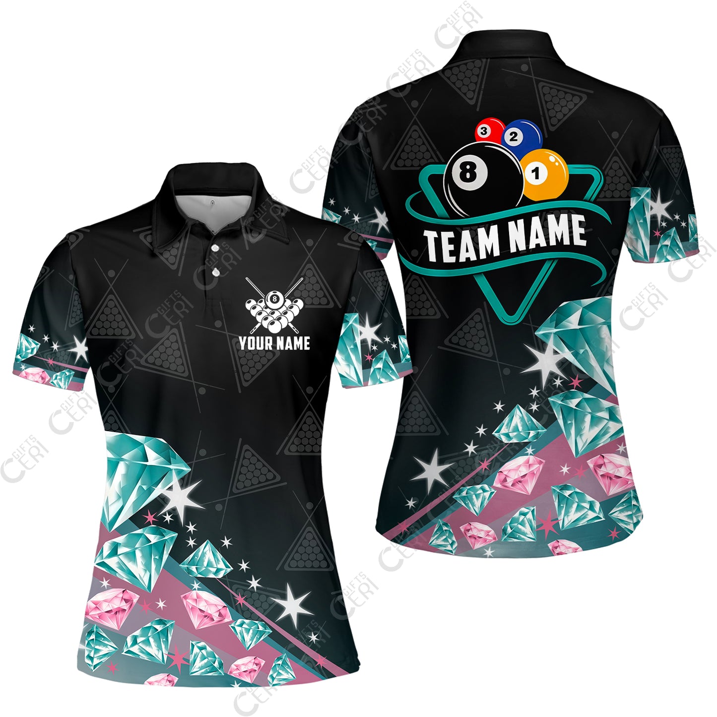 Customized 8 Ball Pool Women Polo Shirt, Diamonds Billiard 8-Ball, Personalized Billiards Jersey