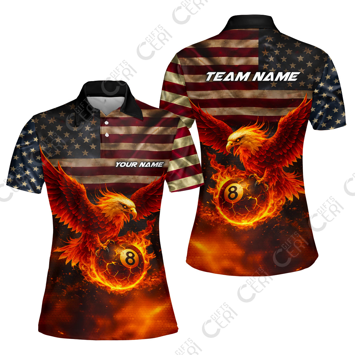 Customized 8 Ball Pool Women Polo Shirt, Billiards 8-Ball American Flag Fire Eagle, Billiards Jerseys