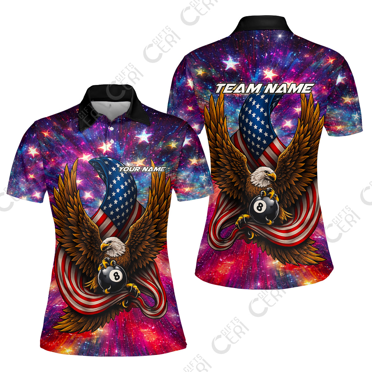 Customized 8 Ball Pool Women Polo Shirt, Billiard American Flag Galactic Eagle, Billiards Jerseys