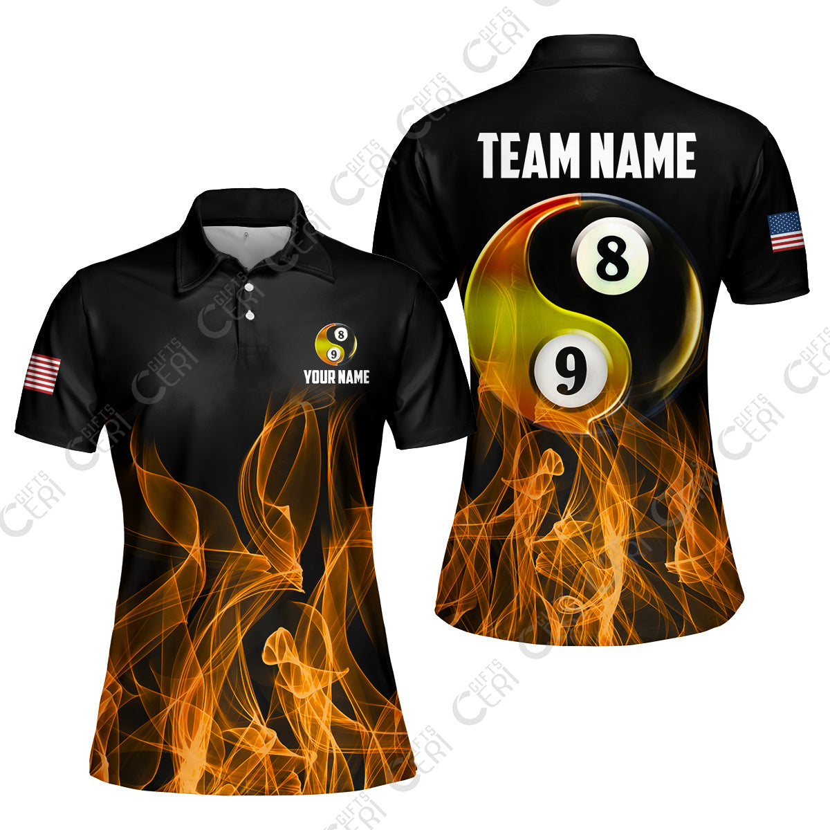 Customized Billiard Women Polo Shirt, Billiard 8-Ball And 9-Ball Yin-Yang Flame, Billiard Jerseys