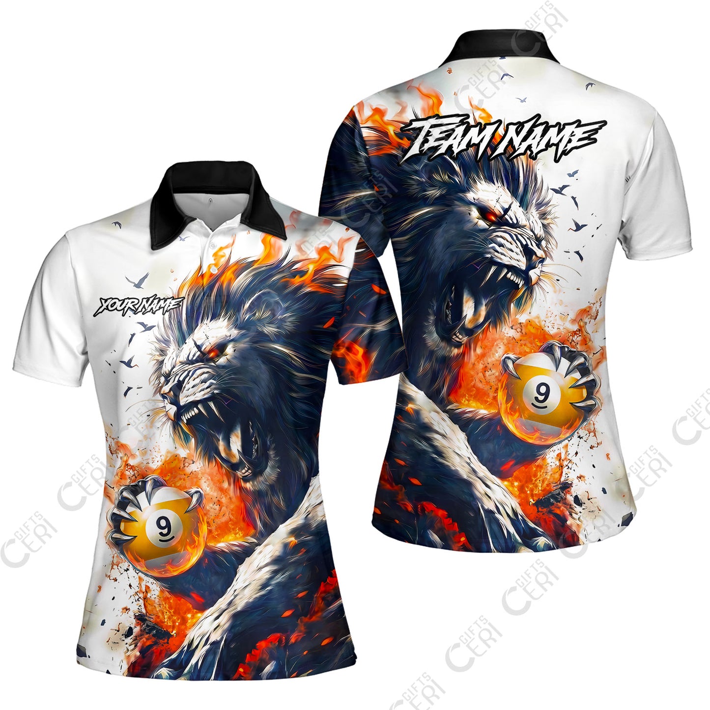 Customized 9 Ball Pool Women Polo Shirt, Lion Fire Lava 9-Ball, Personalized Billiards Jersey