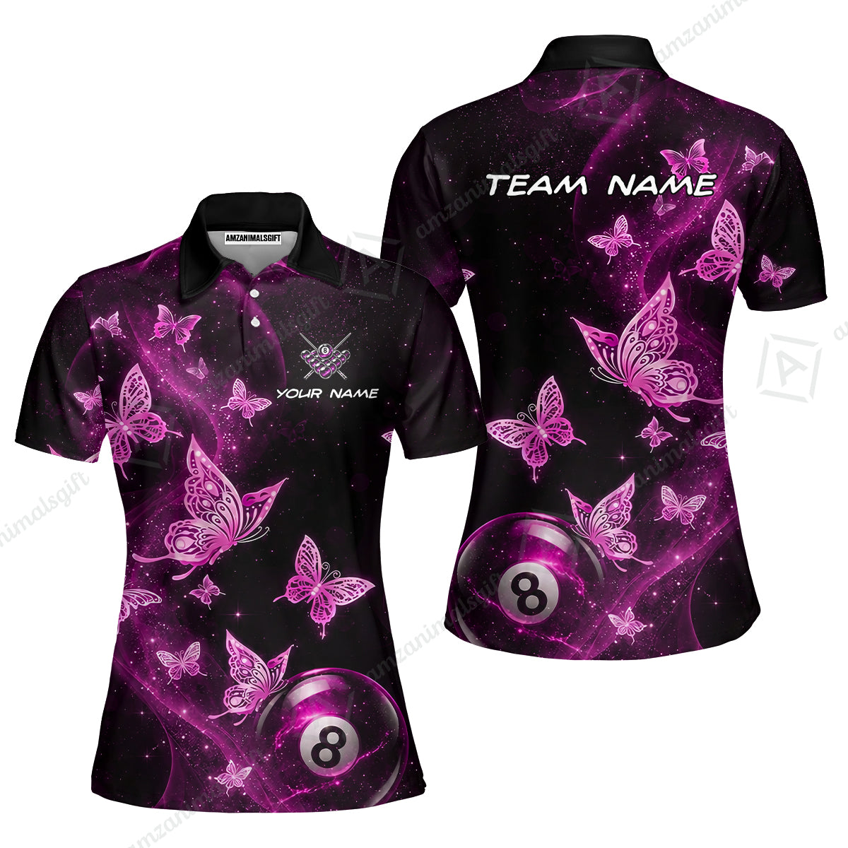Customized 8 Ball Pool Women Polo Shirt, Galaxy And Butterflies, Personalized Billiards Jersey