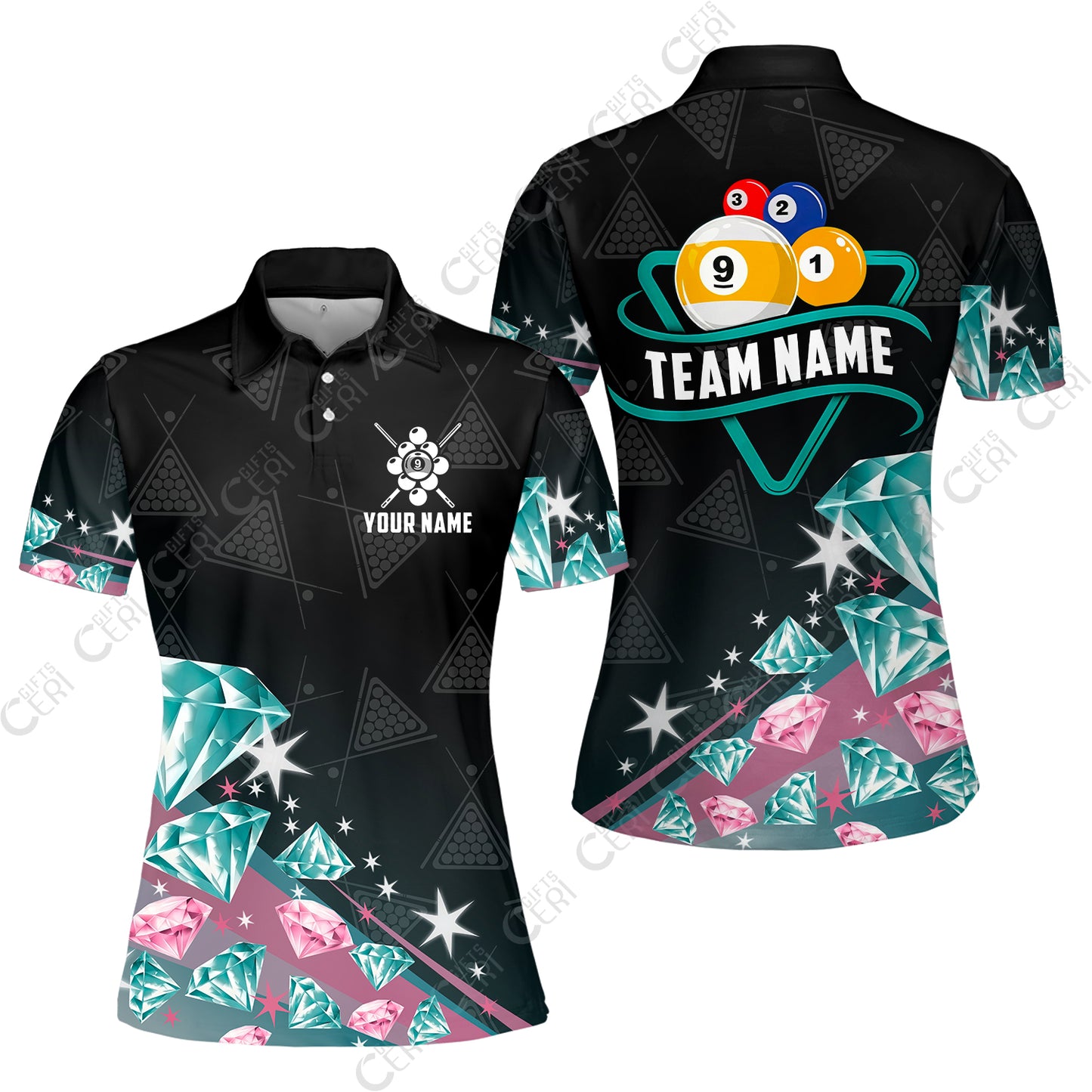 Customized 9 Ball Pool Women Polo Shirt, Diamonds Billiard 9-Ball, Personalized Billiards Jersey