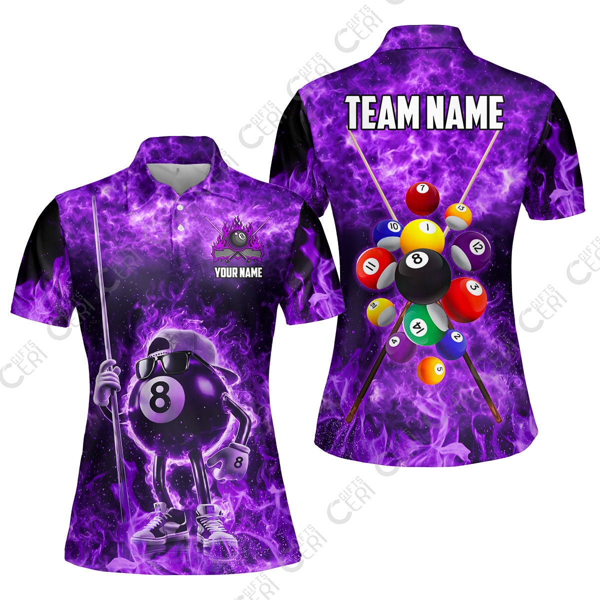 Customized 8 Ball Pool Women Polo Shirt, 8-Ball Wearing Cap And Sunglasses Flaming Burn, Billiard Jerseys