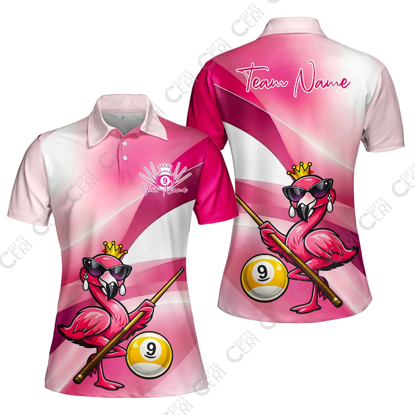 Customized 9 Ball Pool Women Polo Shirt, Pink Flamingo Billiards 9-Ball, Personalized Billiards Jersey