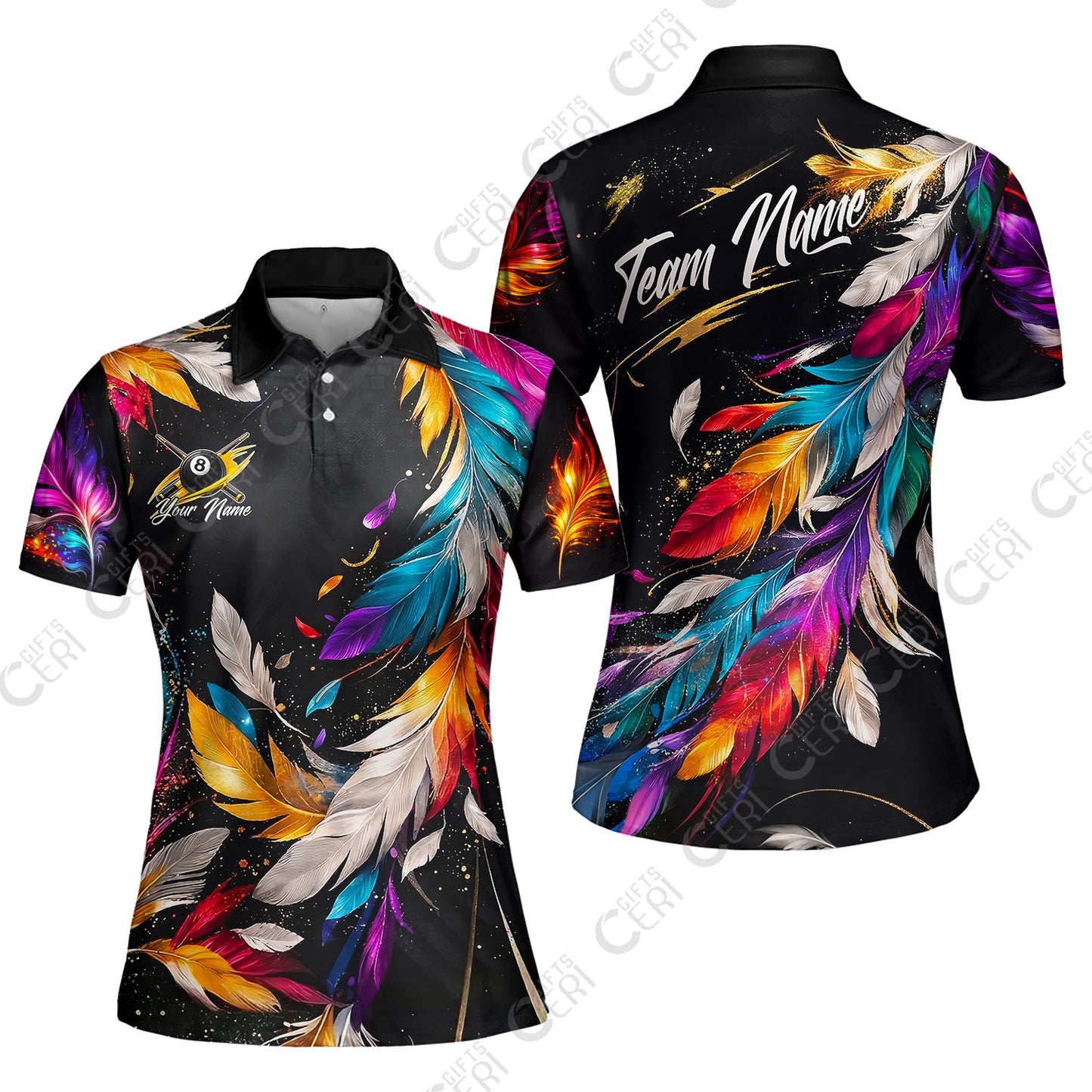 Customized 8 Ball Pool Women Polo Shirt, Feather Splash Billiard 8-Ball, Personalized Billiards Jersey