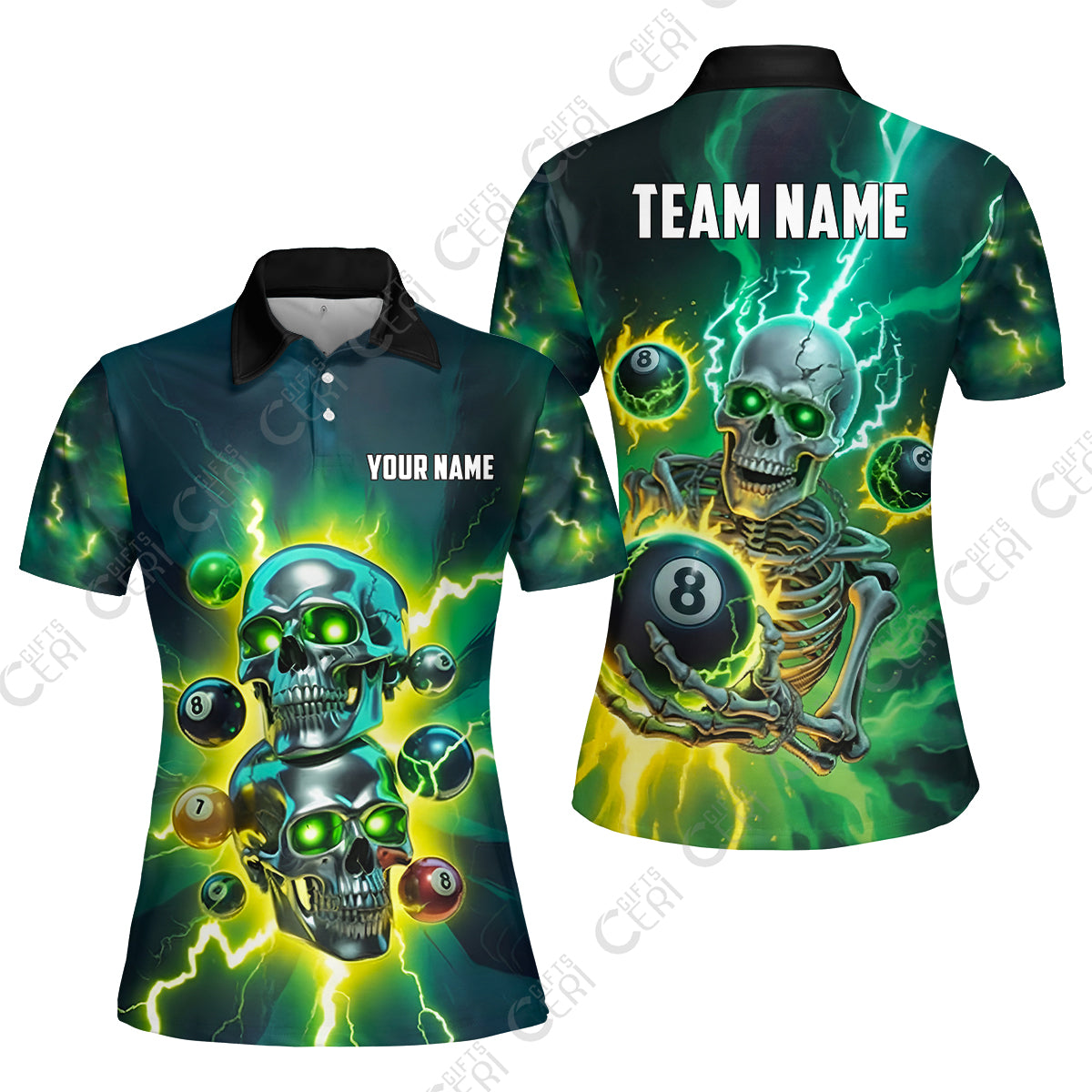 Customized 8 Ball Pool Women Polo Shirt, Billiards 8-Ball Thunder Skull, Billiards Jerseys