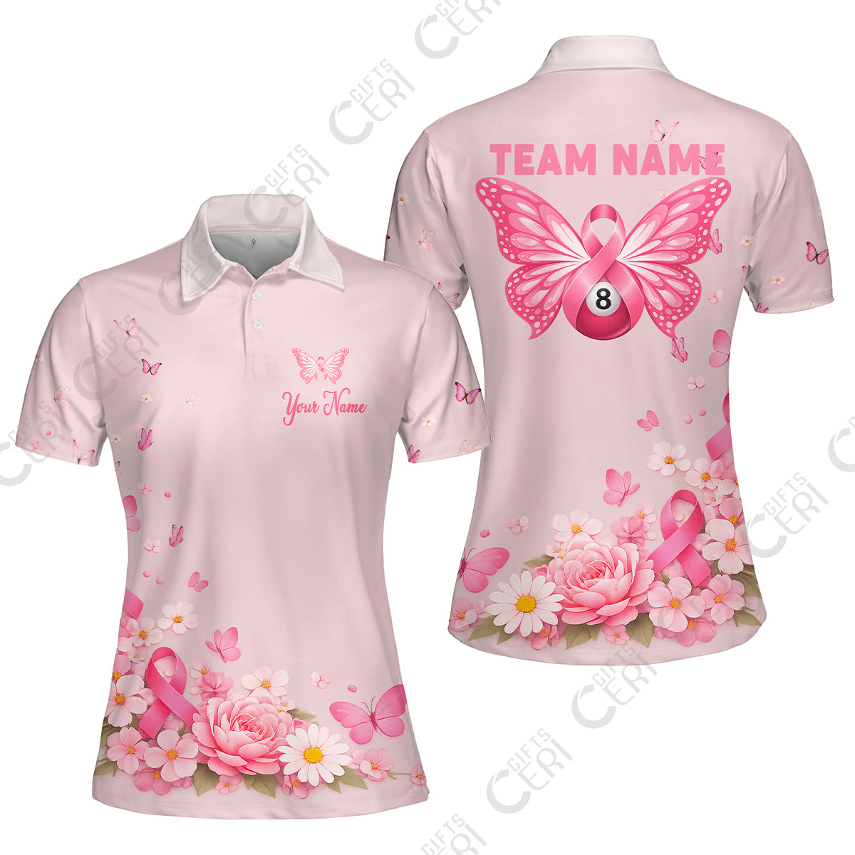 Customized 8 Ball Pool Women Polo Shirt, Floral Butterfly Billiards 8-Ball, Personalized Billiards Jersey