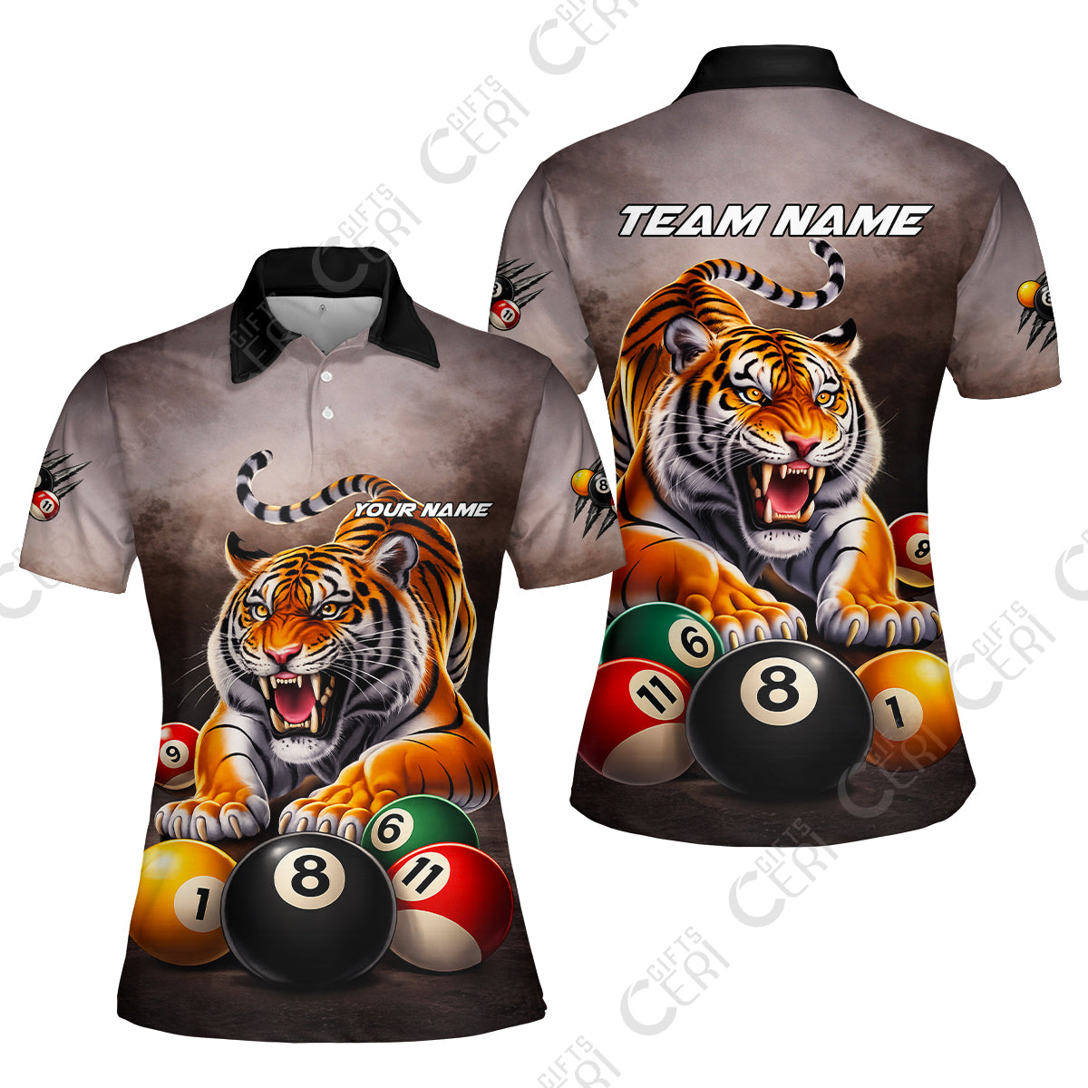 Customized 8 Ball Pool Women Polo Shirt, Billiards 8-Ball Colorful Tiger Break, Billiards Jerseys