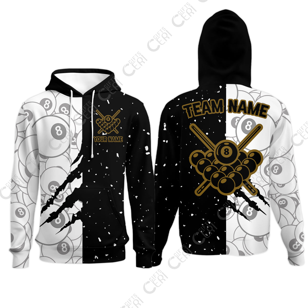 Customized Billiards Hoodies, Triangle Rack Of Balls With Crossed Cue Sticks 8 Ball Pool Jersey