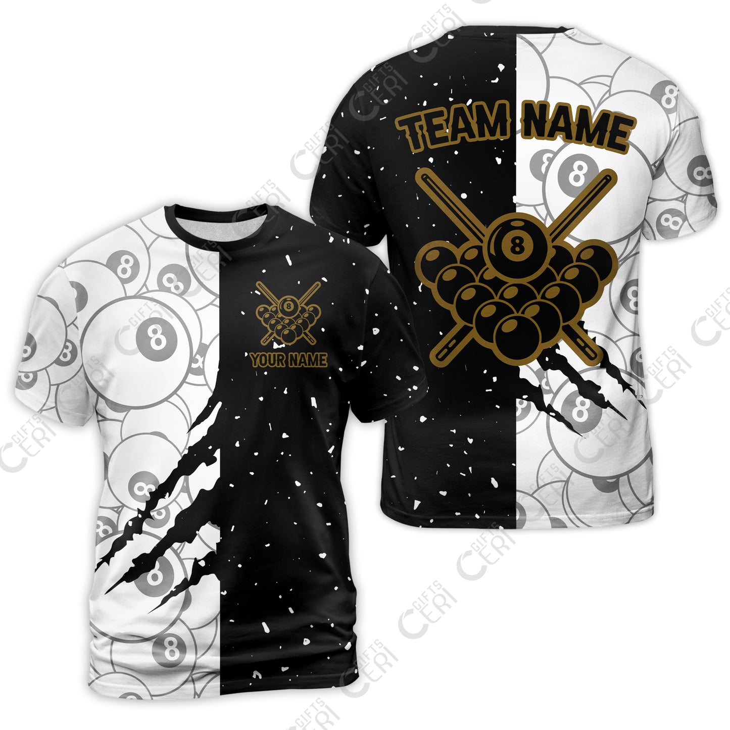 Customized Billiards T-Shirt, Triangle Rack Of Balls With Crossed Cue Sticks 8 Ball Pool Jersey