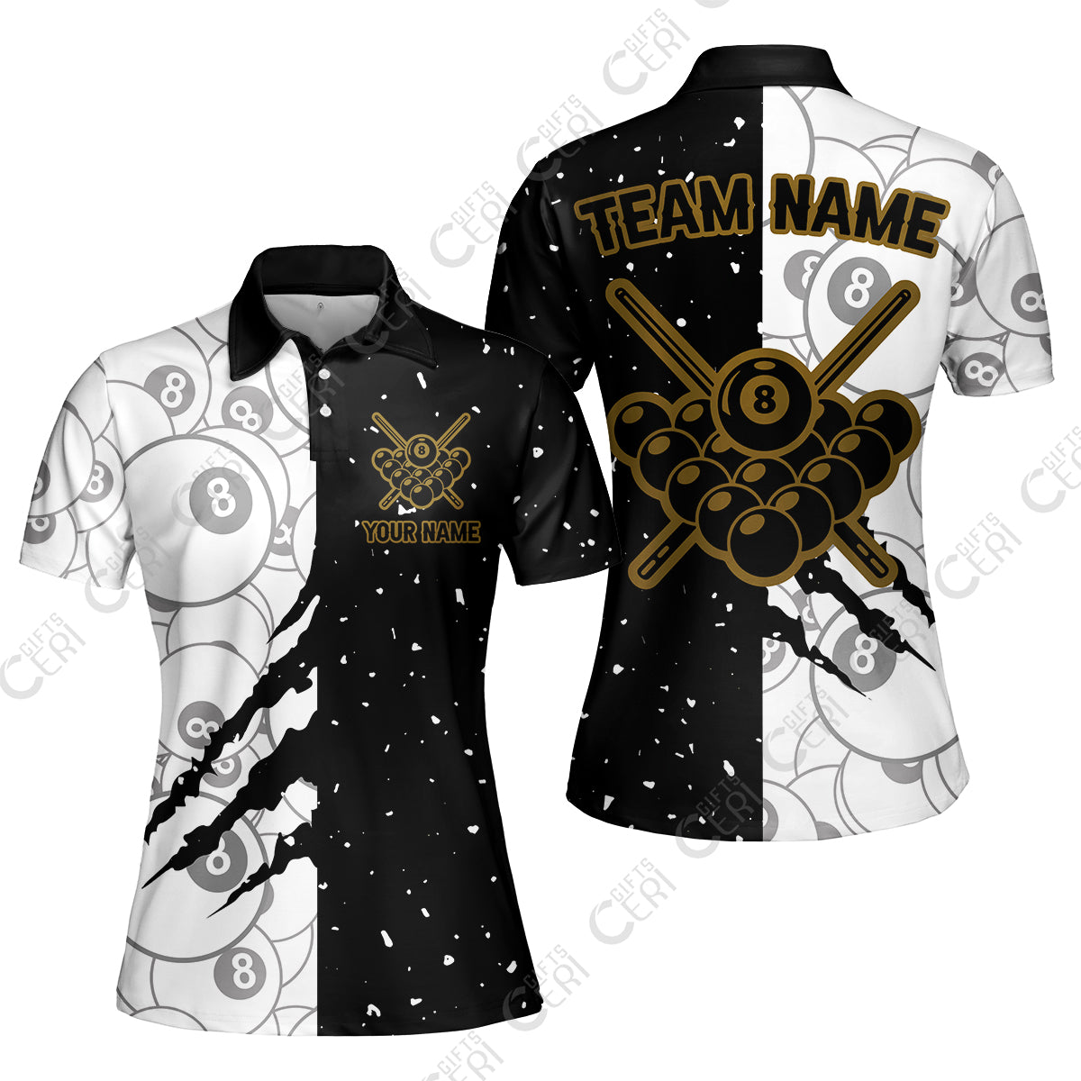 Customized Billiards Women Polo Shirt, Triangle Rack Of Balls With Crossed Cue Sticks 8 Ball Pool Jersey