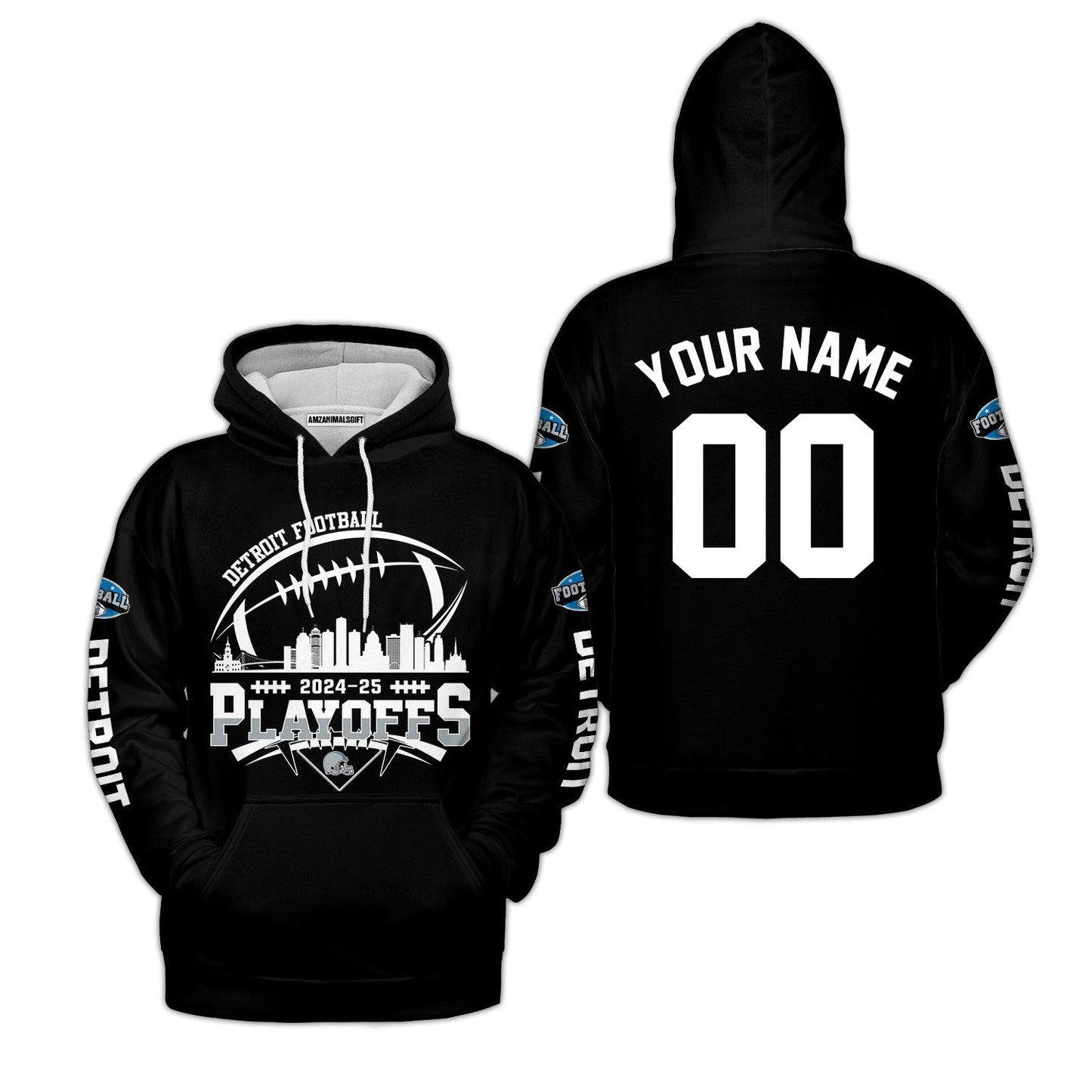 Detroit American Football 2024-25 Playoffs Skyline Custom Hoodie, Detroit Game Day Custom 2 Sided Hoodie, Playoffs Hoodie For Detroit Football Fans