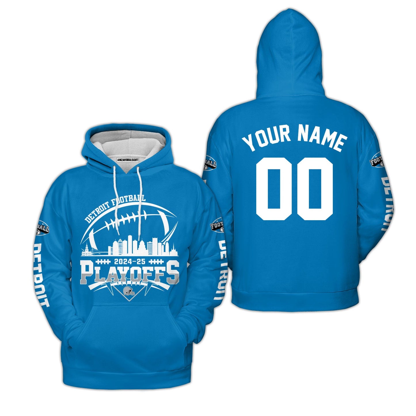 Detroit American Football 2024-25 Playoffs Skyline Custom Hoodie, Detroit Game Day Custom 2 Sided Hoodie, Playoffs Hoodie For Detroit Football Fans