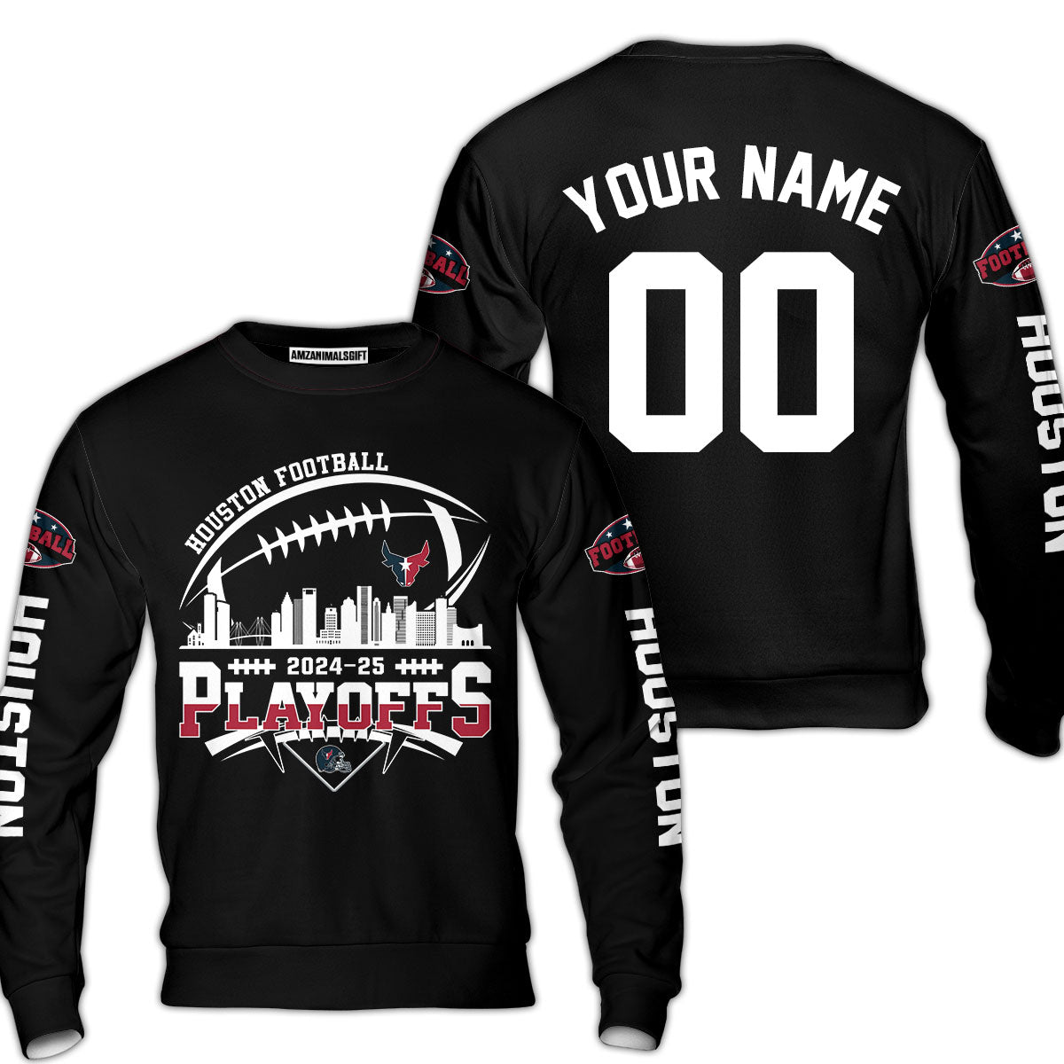Houston American Football 2024-25 Playoffs Skyline Custom Sweatshirt, Houston Game Day Custom Playoffs Double Sided Sweatshirt For Houston Football