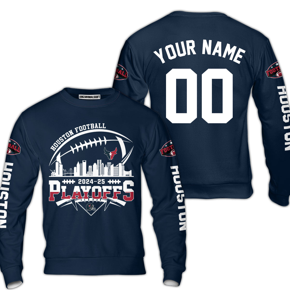Houston American Football 2024-25 Playoffs Skyline Custom Sweatshirt, Houston Game Day Custom Playoffs Double Sided Sweatshirt For Houston Football