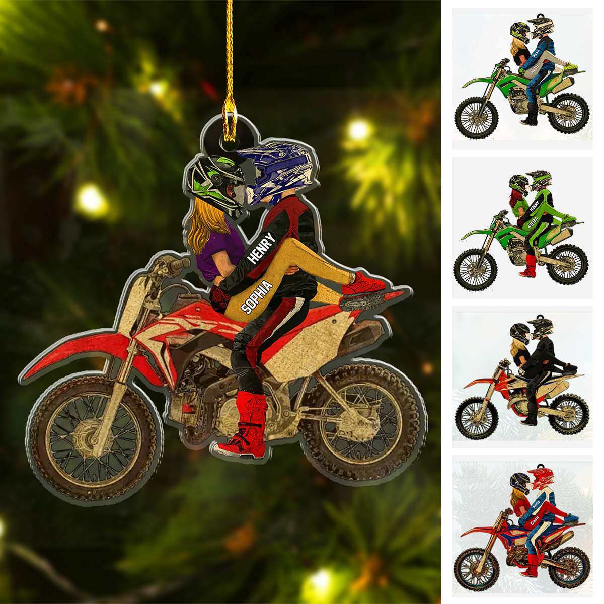Personalized Couple Hug On Dirt Bike Flat Acrylic Ornament, Meaningful Ornament Gifts For Couple Partners Love Dirt Bike