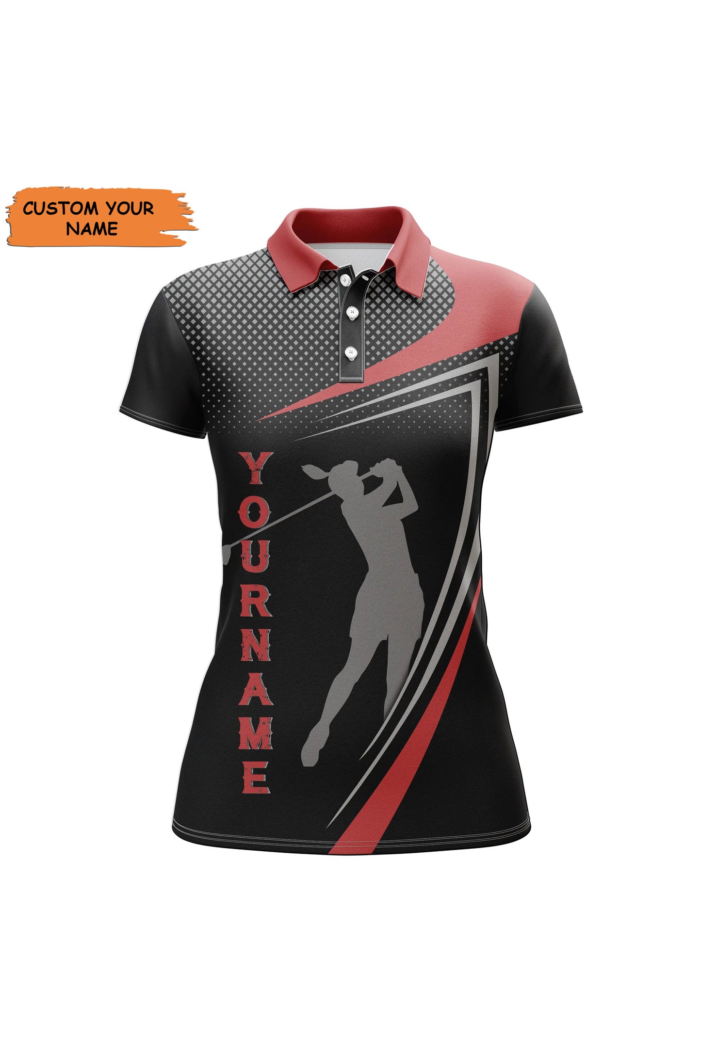 Personalized Red And Black Sports Golf Custom Polo Shirt, Golfer Silhouette Best Golf Shirt For Women