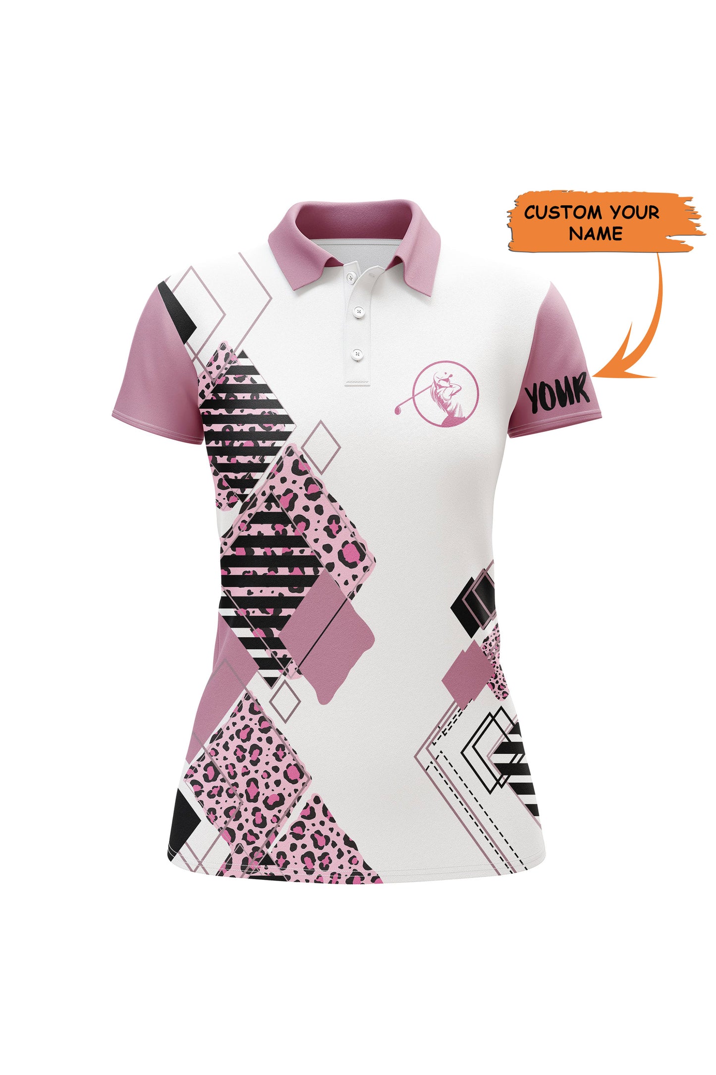 Pink Womens Golf Polo White Shirt Leopard Pattern Custom Name Golf Gift For Women