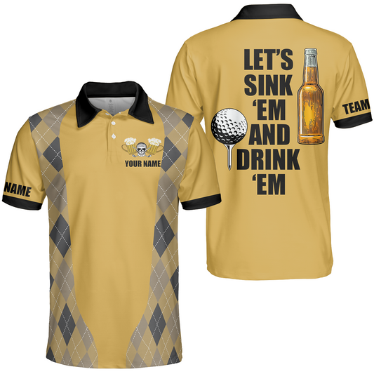Plaid Pattern Golf Beer Men Polo Shirt, Let's Sink 'Em And Drink 'Em Golf Polo Shirt, Golf Gift Idea For Beer Lovers