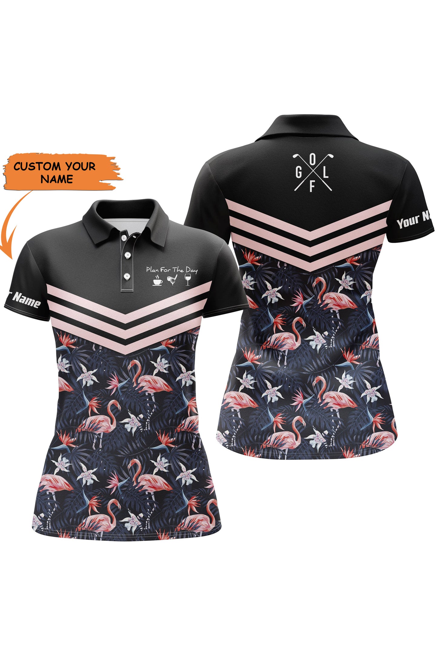 Plan For The Day Coffee Golf Wine Custom Name Womens Golf Polo Shirts Tropical Leaf Flamingo Pattern