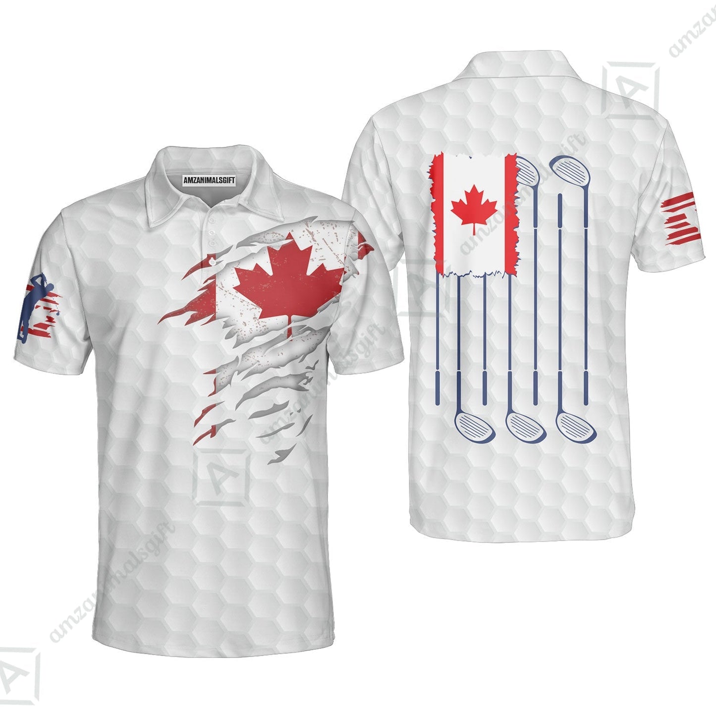 Golf Canada Flag Long Polo Shirt, Red Maple Leaf Golfing Shirt, Canadian Golf Long Polo Shirt