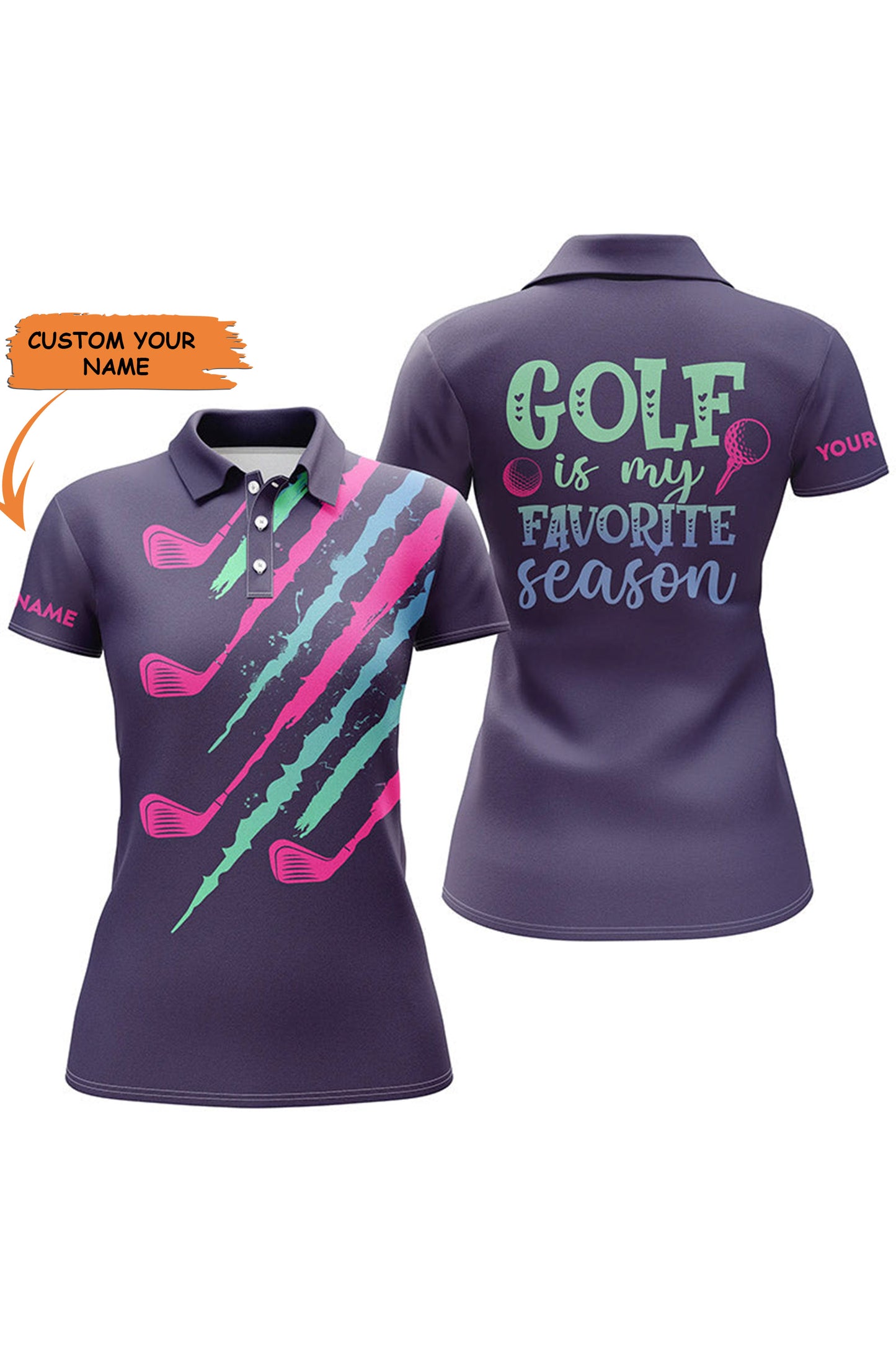 Purple Gradient Womens Golf Polo Shirt Custom Name Golf Is My Favorite Season, Golf Gifts For Women