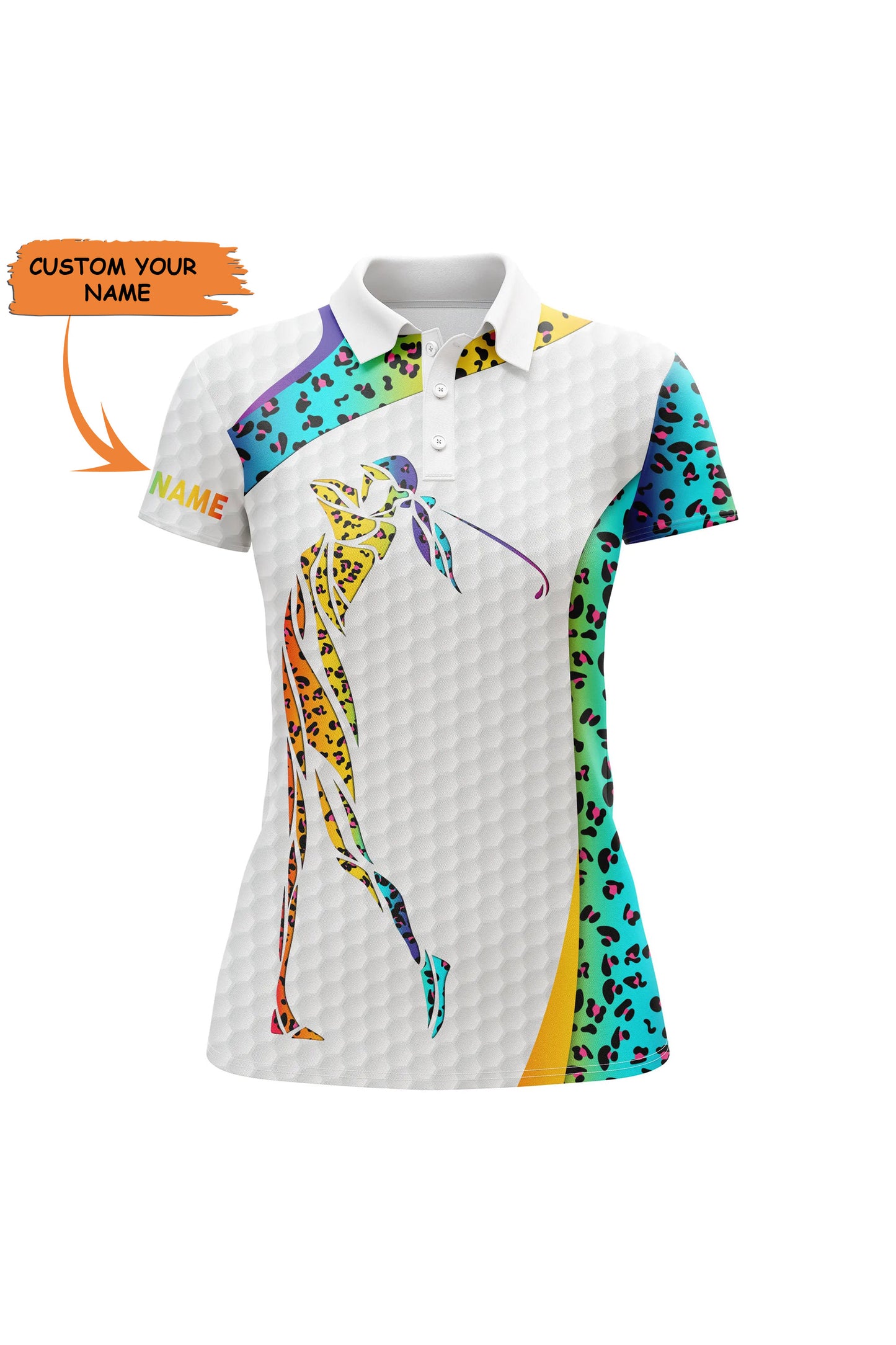 Rainbow Neon Leopard Pattern Golf White Womens Golf Polo Shirts Custom Name Golf Gifts For Women, Best Gift For Women