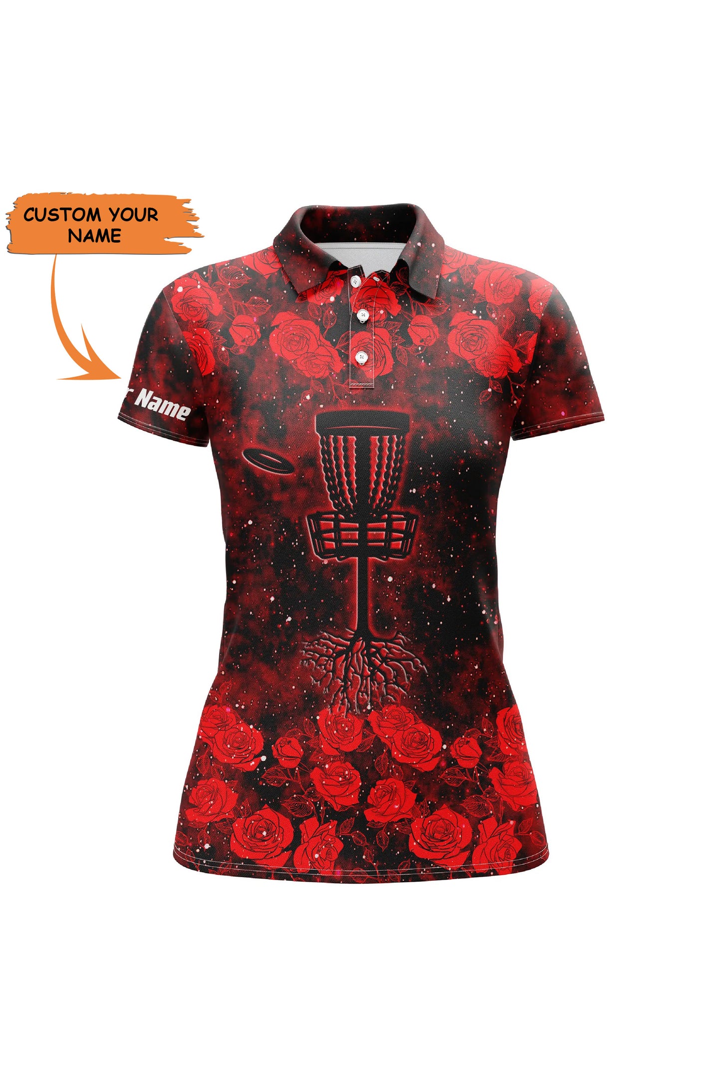Red Roses Pattern Disc Golf Basket Women Polo Shirts Custom Name Disc Golf Polo Shirts For Women, Perfect Gift For Women