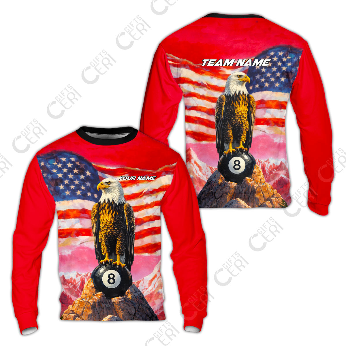 Customized Billiards Sweatshirt, Personalized American Flag With Eagle 8 Ball Jersey Gift For Billiard Players