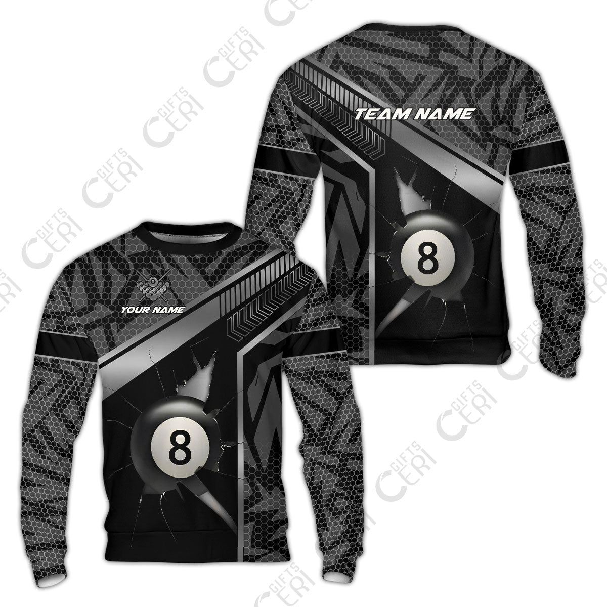 Customized Billiards Sweatshirt, Personalized Hexagonal Patterns With A Cracked Glass 8 Ball Jersey