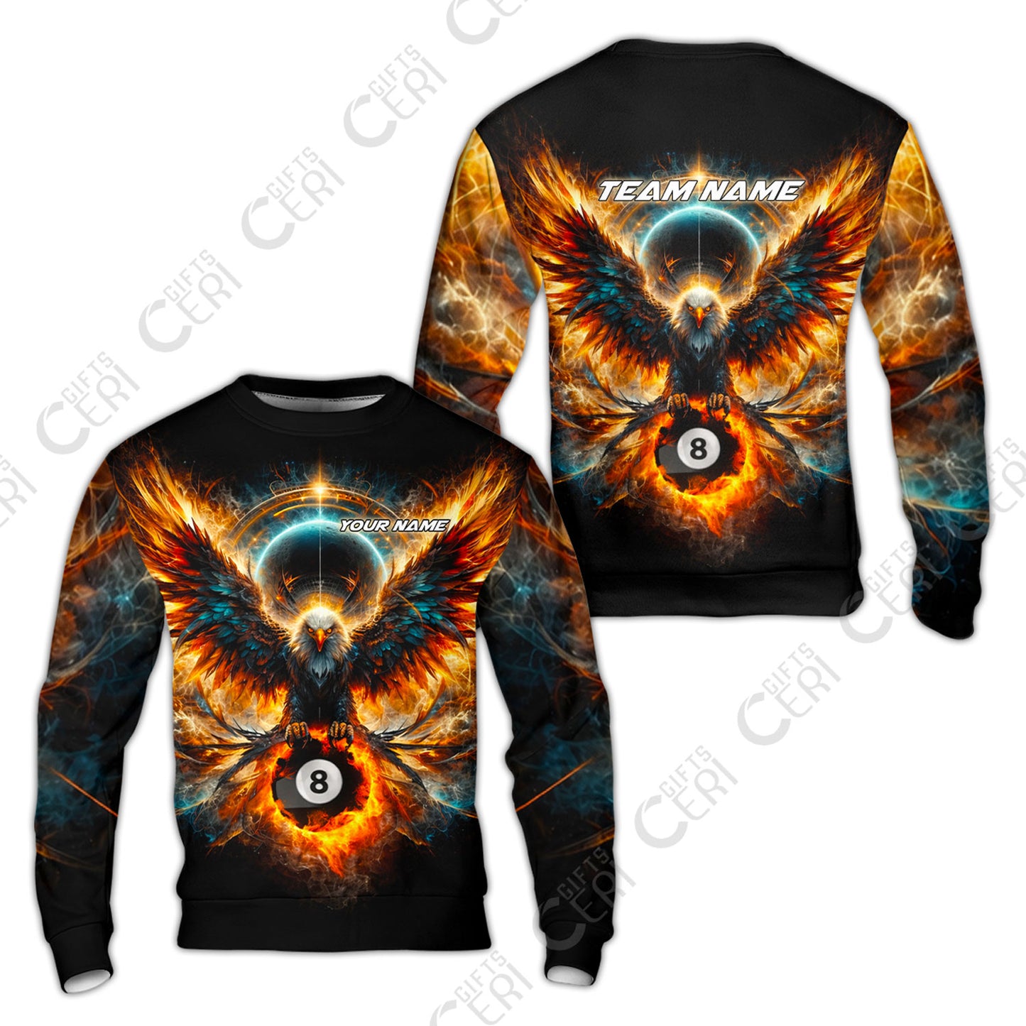 Customized 8 Ball Pool Sweatshirt, Billiard Phantom 8-Ball Flame Eagle, Billiards Jerseys