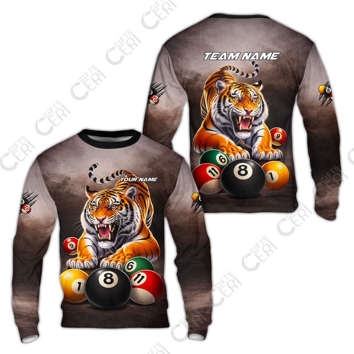 Customized 8 Ball Pool Sweatshirt, Billiards 8-Ball Colorful Tiger Break, Billiards Jerseys