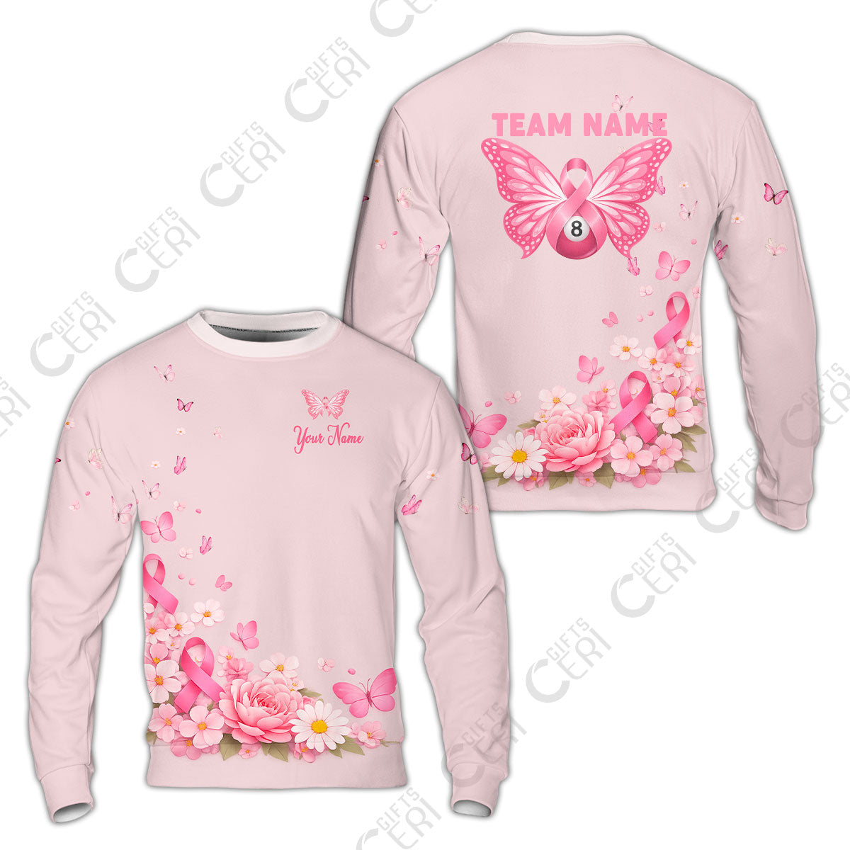 Customized 8 Ball Pool Sweatshirt, Floral Butterfly Billiards 8-Ball, Personalized Billiards Jersey