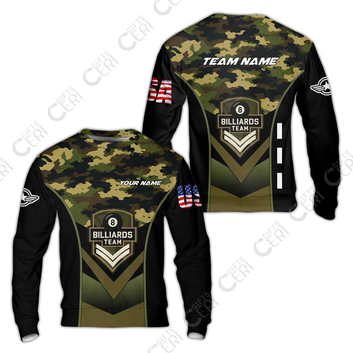 Customized 8 Ball Pool Sweatshirt, Camo Billiards Elite Billiard 8-Ball, Billiards Jerseys